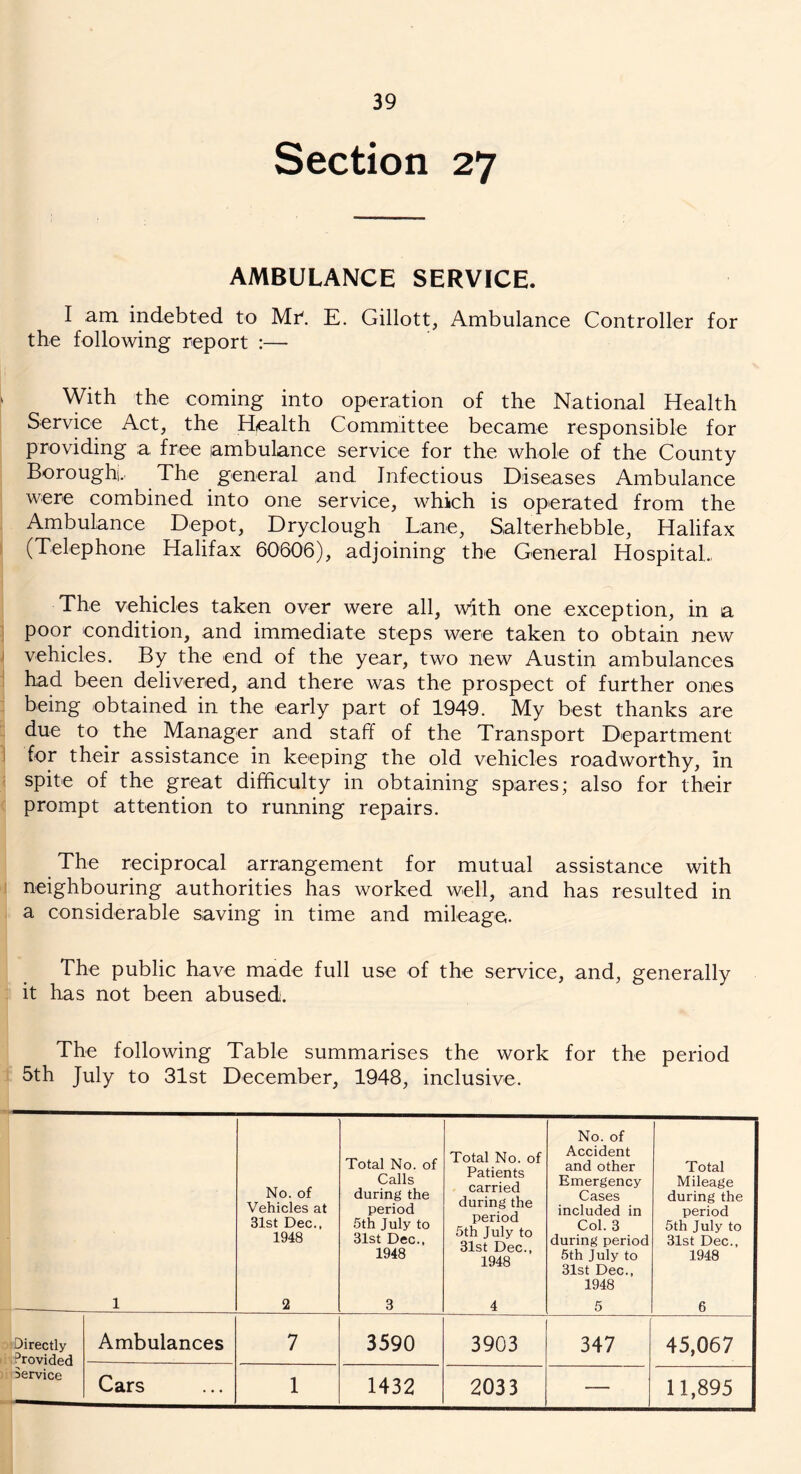 Section 27 AMBULANCE SERVICE. I am indebted to Mr\ E. Gillott, Ambulance Controller for the following report :— i With the coming into operation of the National Health Service Act, the Health Committee became responsible for providing a free ambulance service for the whole of the County Boroughi.. The general and Infectious Diseases Ambulance were combined into one service, which is operated from the Ambulance Depot, Dryclough Lane, Salterhebble, Halifax (Telephone Halifax 60606), adjoining the General Hospital;., The vehicles taken over were all, with one exception, in a poor condition, and immediate steps were taken to obtain new vehicles. By the end of the year, two new Austin ambulances had been delivered, and there was the prospect of further ones being obtained in the early part of 1949. My best thanks are due tot he Manager and staff of the Transport Department for their assistance in keeping the old vehicles roadworthy, in spite of the great difficulty in obtaining spares; also for their prompt attention to running repairs. The reciprocal arrangement for mutual assistance with neighbouring authorities has worked well, and has resulted in a considerable saving in time and mileage. The public have made full use of the service, and, generally it has not been abused. The following Table summarises the work for the period 5th July to 31st December, 1948, inclusive. No. of Vehicles at 31st Dec., 1948 Total No. of Calls during the period 5th July to 31st Dec., 1948 Total No. of Patients carried during the period 5th July to 31st Dec., 1948 No. of Accident and other Emergency Cases included in Col. 3 during period 5th July to 31st Dec., 1948 Total Mileage during the period 5th July to 31st Dec., 1948 1 2 3 4 5 6 Directly Provided Ambulances 7 3590 3903 347 45,067 service Cars 1 1432 2033 — 11,895