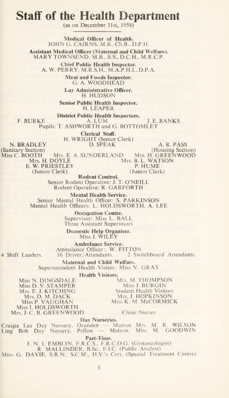 Staff of the Health Department (as on December 31st, 1958) Medical Officer of Health. JOHN G. CAIRNS, M.B., Ch.B., D.P.H. Assistant Medical Officer (Maternal and Child Welfare). MARY TOWNSEND, M.B.. B.S., D.C.H., M.R.C.P. Chief Public Health Inspector. A. W. PERRY, M.R.S.H., M.A.P.H.I., D.P.A. Meat and Foods Inspector. G. A. WOO DREAD Lay Administrative Officer. H. HUDSON Senior Public Health Inspector. H. LEAPER District Public Health Inspectors, F. BURKE A. LUM J. E. BANKS Pupils: T. ASHWORTH and G. BOTTOMLEY Clerical Staff. H, WRIGHT (Senior Clerk) N. BRADLEY D. SPEAK A. R. PASS (Sanitary Section) (Housing Section) Miss C BOOTH Mrs. E. A. SUNDERLAND Mrs. H. GREENWOOD Mrs. H. DOYLE Mrs. B. L. WATSON E. W. PRIESTLEY P. HUME (Junior Clerk) (Junior Clerk) Rodent Control. Senior Rodent Operative: J. T. O’NEILL Rodent Operative: R. GARFORTH Mental Health Service. Senior Mental Health Officer: S. PARKINSON Mental Health Officers: L. HOLDSWORTH, A. LEE Occupation Centre. Supervisor: Miss L. BALL Three Assistant Supervisors Domestic Help Organiser. Miss J. WILEY Ambulance Service. Ambulance Officer: W. FITTON 4 Shift Leaders. 16 Driver/Attendants. 2 Switchboard Attendants. Maternal and Child Welfare. Superintendent Health Visitor: Miss V. GRAY Health Visitors. Miss N. D1NGSDALE Miss D. V. STAMPER Mrs. E. J. KITCHING Mrs. D. M. DACK Miss P. VAUGHAN Miss I. HOLDSWORTH Mrs. J. C. B. GREENWOOD Day Nurseries. Craigie Lea Day Nursery, Ovenden — Matron Mrs. M. R. WILSON Ling Bob Day Nursery, Pellon — Matron, Miss M. GOODWIN Part-Time. J. N. I. EMBLIN, F.R.C.S., F.R.C.O.G. (Gynaecologist) R. MALLINDER, B.Sc., F.I.C. (Public Analyst) Miss G. DAVIE, S.R.N., S.C.M., H.V.’s Cert. (Special Treatment Centre) Mrs. M. THOMPSON Miss J. BURGIN Student Health Visitors Mrs. J. HOPKINSON Miss K. M. McCORMICK Clinic Nurses