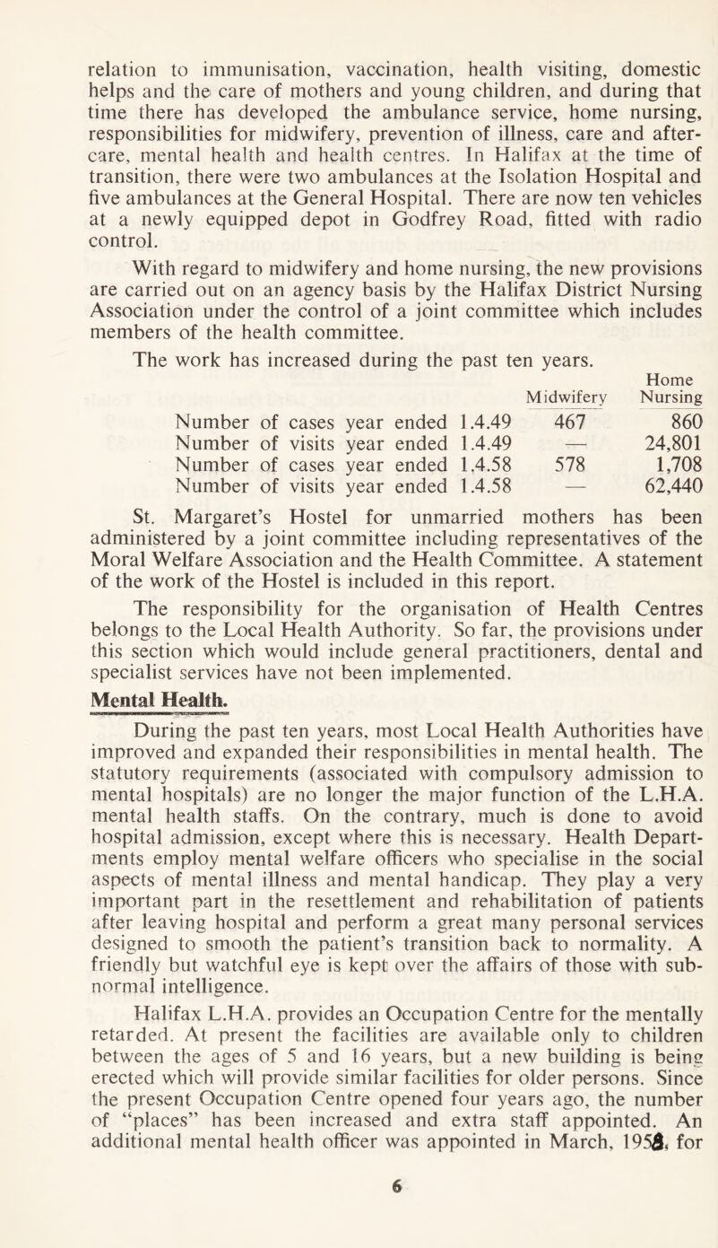 relation to immunisation, vaccination, health visiting, domestic helps and the care of mothers and young children, and during that time there has developed the ambulance service, home nursing, responsibilities for midwifery, prevention of illness, care and after- care, mental health and health centres. In Halifax at the time of transition, there were two ambulances at the Isolation Hospital and five ambulances at the General Hospital. There are now ten vehicles at a newly equipped depot in Godfrey Road, fitted with radio control. With regard to midwifery and home nursing, the new provisions are carried out on an agency basis by the Halifax District Nursing Association under the control of a joint committee which includes members of the health committee. The work has increased during the past ten years. Home Midwifery Nursing Number of cases year ended 1.4.49 467 860 Number of visits year ended 1.4.49 — 24,801 Number of cases year ended 1.4.58 578 1,708 Number of visits year ended 1.4.58 — 62,440 St. Margaret’s Hostel for unmarried mothers has been administered by a joint committee including representatives of the Moral Welfare Association and the Health Committee. A statement of the work of the Hostel is included in this report. The responsibility for the organisation of Health Centres belongs to the Local Health Authority. So far, the provisions under this section which would include general practitioners, dental and specialist services have not been implemented. Mental Health. During the past ten years, most Local Health Authorities have improved and expanded their responsibilities in mental health. The statutory requirements (associated with compulsory admission to mental hospitals) are no longer the major function of the L.H.A. mental health staffs. On the contrary, much is done to avoid hospital admission, except where this is necessary. Health Depart- ments employ mental welfare officers who specialise in the social aspects of mental illness and mental handicap. They play a very important part in the resettlement and rehabilitation of patients after leaving hospital and perform a great many personal services designed to smooth the patient’s transition back to normality. A friendly but watchful eye is kept over the affairs of those with sub- normal intelligence. Halifax L.H.A. provides an Occupation Centre for the mentally retarded. At present the facilities are available only to children between the ages of 5 and 16 years, but a new building is being erected which will provide similar facilities for older persons. Since the present Occupation Centre opened four years ago, the number of “places” has been increased and extra staff appointed. An additional mental health officer was appointed in March, 195& for