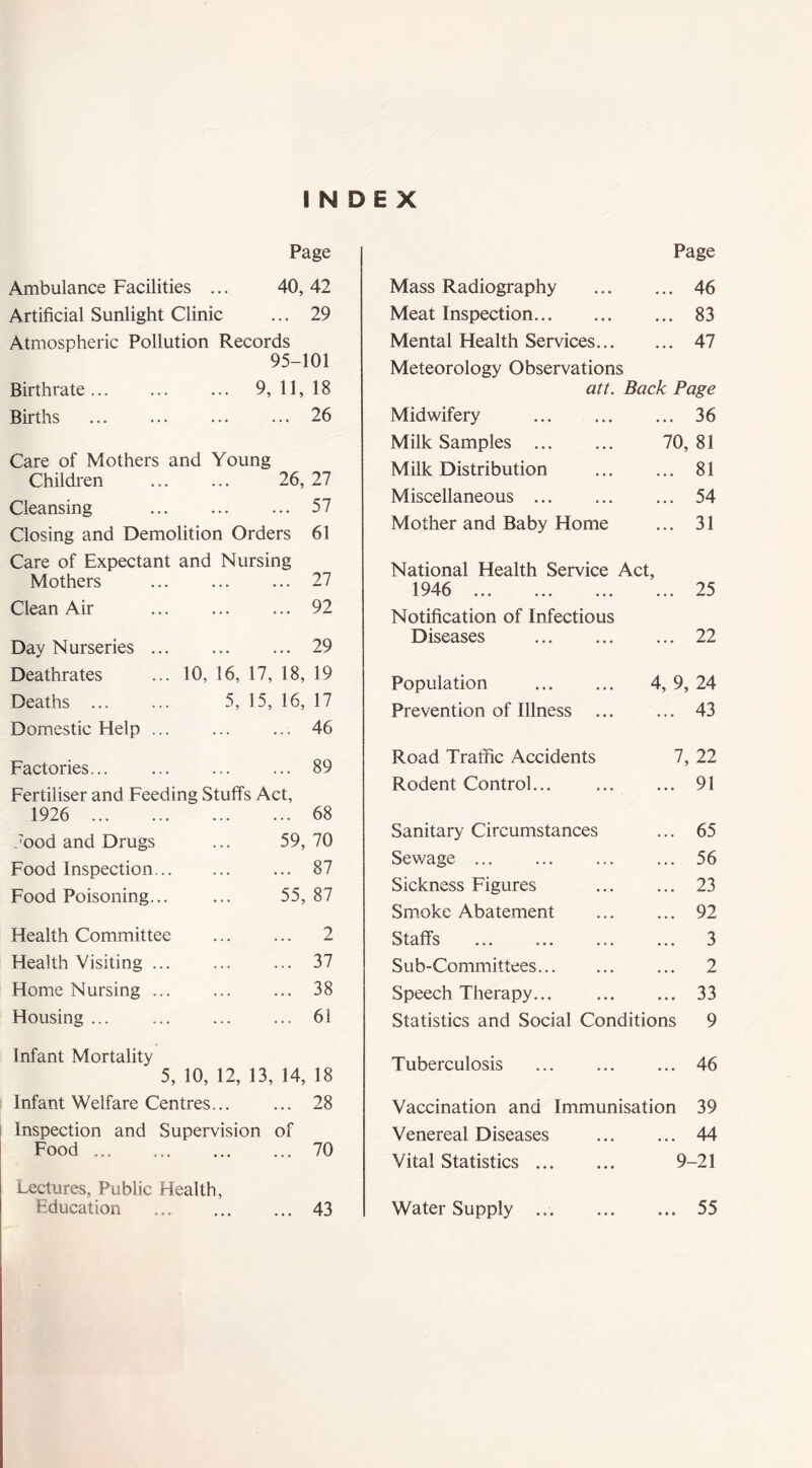INDEX Ambulance Facilities .. Artificial Sunlight Clinic Atmospheric Pollution Records Page 40, 42 29 95-101 Birthrate ... 9,11,18 Births 26 Care of Mothers and Young Children 26, 27 Cleansing 57 Closing and Demolition Orders 61 Care of Expectant and Nursing Mothers ... 27 Page Mass Radiography 46 Meat Inspection 83 Mental Health Services 47 Meteorology Observations att. Back Page Midwifery 36 Milk Samples 70, 81 Milk Distribution 81 Miscellaneous 54 Mother and Baby Home ... 31 National Health Service Act, 1946 25 Clean Air ... ... 92 Notification of Infectious Day Nurseries ... ... ... 29 Diseases ... 22 Deathrates 10, 16, 17, 18, 19 Population 4, 9, 24 Deaths ... 5, 15, 16, 17 Prevention of Illness ... ... 43 Domestic Help ... ... 46 Factories... ... 89 Road Traffic Accidents 7, 22 Fertiliser and Feeding Stuffs Act, Rodent Control... ... 91 1926 ... 68 7ood and Drugs 59, 70 Sanitary Circumstances ... 65 Food Inspection... ... 87 Sewage ... 56 Food Poisoning... 55, 87 Sickness Figures ... 23 Smoke Abatement ... 92 Health Committee ... 2 Staffs ... 3 Health Visiting ... ... 37 Sub-Committees ... 2 Home Nursing ... ... ... 38 Speech Therapy... ... 33 Housing ... ... ... 61 Statistics and Social Conditions 9 Infant Mortality Tuberculosis ... 46 5, 10, 12, 13, 14, 18 Infant Welfare Centres... ... 28 Vaccination and Immunisation 39 Inspection and Supervision of Venereal Diseases ... 44 Food 70 Vital Statistics 9-21 Lectures, Public Health, Education • • • ... 43 Water Supply ... • • • 55