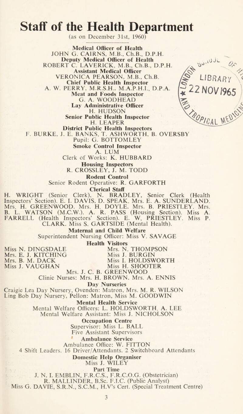 Staff of the Health Department (as on December 31st, 1960) Medical Officer of Health JOHN G. CAIRNS, M.B., Ch.B., D.P.H. Deputy Medical Officer of Health ROBERT C. LAVERLCK, M.B., Ch.B., D.P.H. Assistant Medical Officer VERONICA PEARSON, M.B., Ch.B. Chief Public Health Inspector A. W. PERRY, M.R.S.H., M.A.P.H.I., D P.A. Meat and Foods Inspector G. A. WOODHEAD Lay Administrative Officer H. HUDSON Senior Public Health Inspector H. LEAPER District Public Health Inspectors BURKE. J. E. BANKS, T. ASHWORTH, B. OVERSBY Pupil: G. BOTTOMLEY Smoke Control Inspector A. LUM Clerk of Works: K. HUBBARD Ji_ O'' v-V' LIBRARY *22 NOV 1965 v' < Housing Inspectors R. CROSSLEY, J. M. TODD Rodent Control Senior Rodent Operative: R. GARFORTH Clerical Staff H. WRIGHT (Senior Clerk), N. BRADLEY, Senior Clerk (Health Inspectors’ Section). E. I. DAVIS. D. SPEAK. Mrs. E. A. SUNDERLAND. Mrs. H. GREENWOOD. Mrs. H„ DOYLE. Mrs. B. PRIESTLEY. Mrs. B. L. WATSON (M.C.W.). A. R. PASS (Housing Section). Miss A. FARRELL (Health Inspectors’ Section). E. W. PRIESTLEY. Miss P. CLARK. Miss S. GARTSIDE (Mental Health). Maternal and Child Welfare Superintendent Nursing Officer: Miss V. SAVAGE Miss N. DINGSDALE Health Visitors Mrs. N. THOMPSON Mrs. E. J. KITCHING Mrs. B. M. DACK Miss J. VAUGHAN Mrs. J. Miss J. BURGIN Miss I. HOLDSWORTH Miss H. SHOOTER C. B. GREENWOOD Clinic Nurses: Mrs. H. BROWN. Mrs. A. ENNIS Day Nurseries Craigie Lea Day Nursery, Ovenden: Matron, Mrs. M. R. WILSON Ling Bob Day Nursery, Pellon: Matron, Miss M. GOODWIN Mental Health Service Mental Welfare Officers: L. HOLDSWORTH. A. LEE Mental Welfare Assistant: Miss J. NICHOLSON Occupation Centre Supervisor: Miss L. BALL Five Assistant Supervisors Ambulance Service Ambulance Office: W. FITTON 4 Shift Leaders. 16 Driver/Attendants. 2 Switchboard Attendants Domestic Help Organiser Miss J. WILEY Part Time J. N. I. EMBLIN, F.R.C.S., F.R.C.O.G. (Obstetrician) R. MALLINDER, B.Sc. F.I.C. (Public Analyst) Miss G. DAVIE, S.R.N., S.C.M., H.V’s Cert. (Special Treatment Centre)