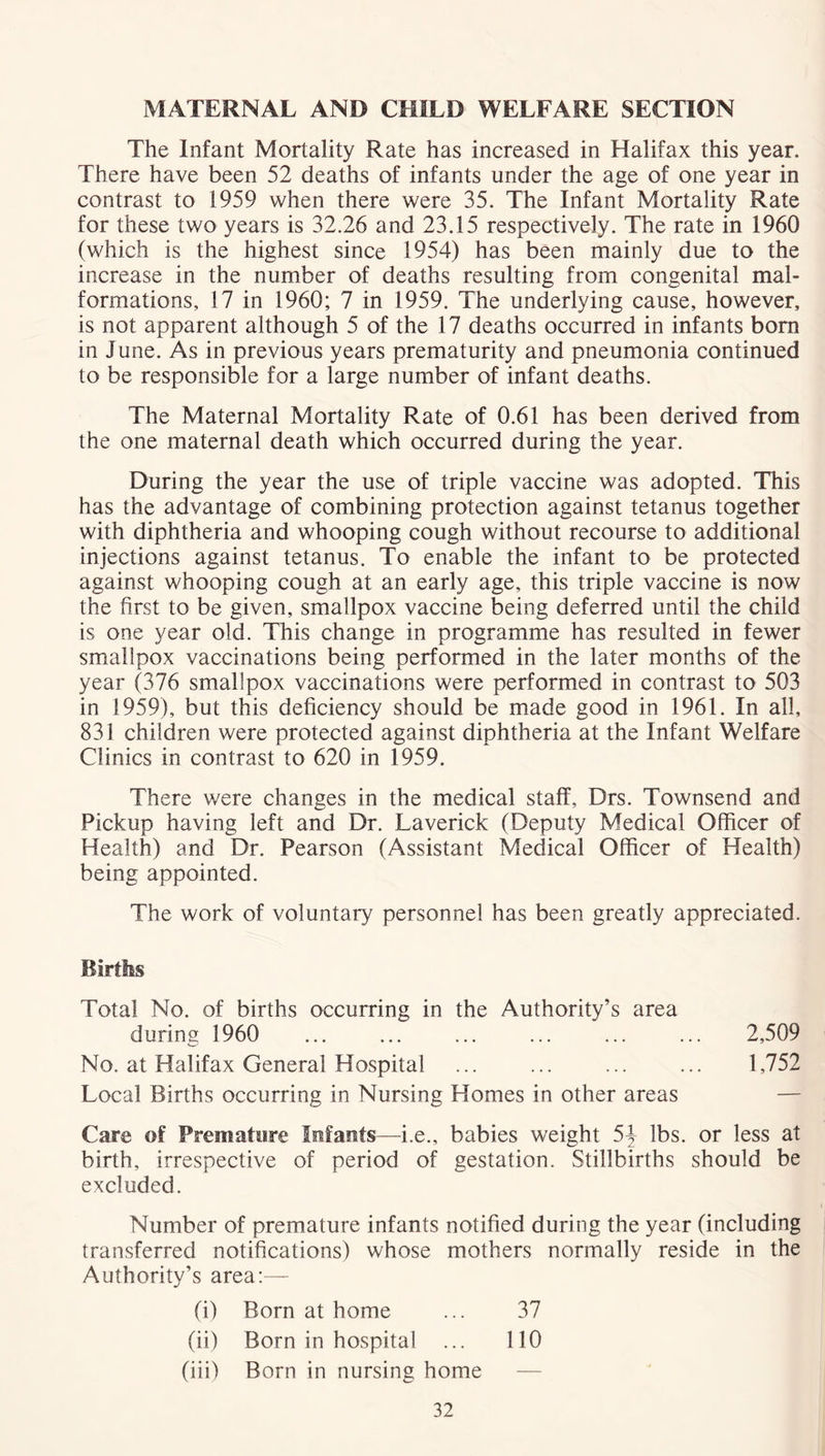 MATERNAL AND CHILD WELFARE SECTION The Infant Mortality Rate has increased in Halifax this year. There have been 52 deaths of infants under the age of one year in contrast to 1959 when there were 35. The Infant Mortality Rate for these two years is 32.26 and 23.15 respectively. The rate in 1960 (which is the highest since 1954) has been mainly due to the increase in the number of deaths resulting from congenital mal- formations, 17 in 1960; 7 in 1959. The underlying cause, however, is not apparent although 5 of the 17 deaths occurred in infants bom in June. As in previous years prematurity and pneumonia continued to be responsible for a large number of infant deaths. The Maternal Mortality Rate of 0.61 has been derived from the one maternal death which occurred during the year. During the year the use of triple vaccine was adopted. This has the advantage of combining protection against tetanus together with diphtheria and whooping cough without recourse to additional injections against tetanus. To enable the infant to be protected against whooping cough at an early age, this triple vaccine is now the first to be given, smallpox vaccine being deferred until the child is one year old. This change in programme has resulted in fewer smallpox vaccinations being performed in the later months of the year (376 smallpox vaccinations were performed in contrast to 503 in 1959), but this deficiency should be made good in 1961. In all, 831 children were protected against diphtheria at the Infant Welfare Clinics in contrast to 620 in 1959. There were changes in the medical staff, Drs. Townsend and Pickup having left and Dr. Laverick (Deputy Medical Officer of Health) and Dr. Pearson (Assistant Medical Officer of Health) being appointed. The work of voluntary personnel has been greatly appreciated. Births Total No. of births occurring in the Authority’s area during 1960 No. at Halifax General Hospital Local Births occurring in Nursing Homes in other areas Care of Premature Infants—i.e., babies weight 5^ lbs. or less at birth, irrespective of period of gestation. Stillbirths should be excluded. Number of premature infants notified during the year (including transferred notifications) whose mothers normally reside in the Authority’s area:— (i) Born at home ... 37 (ii) Born in hospital ... 110 (iii) Born in nursing home 2,509 1,752