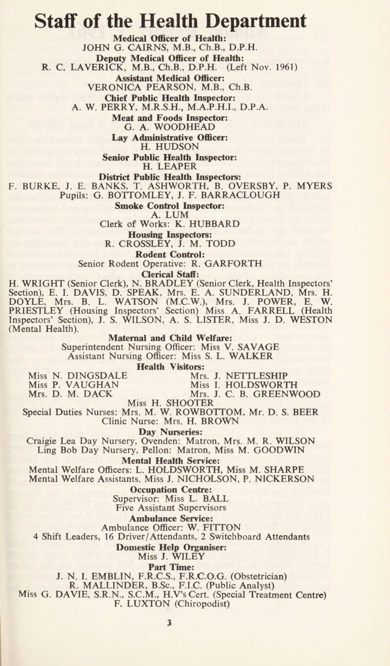 Staff of the Health Department Medical Officer of Health: JOHN G. CAIRNS, M.B., Ch.B., D.P.H. Deputy Medical Officer of Health: R. C. LAVERICK, M.B., Ch.B., D.P.H. (Left Nov. 1961) Assistant Medical Officer: VERONICA PEARSON, M B., Ch.B. Chief Public Health Inspector: A. W. PERRY, M.R.S.H., M.A.P.H.I., D.P.A. Meat and Foods Inspector: G. A. WOODHEAD Lay Administrative Officer: H. HUDSON Senior Public Health Inspector: H. LEAPER District Public Health Inspectors: F. BURKE, J. E. BANKS, T. ASHWORTH, B. OVERSBY, P. MYERS Pupils: G. BOTTOMLEY, J. F. BARRACLOUGH Smoke Control Inspector: A. LUM Clerk of Works: K. HUBBARD Housing Inspectors: R. CROSSLEY, J. M. TODD Rodent Control: Senior Rodent Operative: R. GARFORTH Clerical Staff* H. WRIGHT (Senior Clerk), N. BRADLEY (Senior Clerk, Health Inspectors’ Section), E. I. DAVIS, D. SPEAK, Mrs. E. A. SUNDERLAND, Mrs. H. DOYLE, Mrs. B. L. WATSON (M.C.W.), Mrs. J. POWER, E. W. PRIESTLEY (Housing Inspectors’ Section) Miss A. FARRELL (Health Inspectors’ Section), J. S. WILSON, A. S. LISTER, Miss J. D. WESTON (Mental Health). Maternal and Child Welfare: Superintendent Nursing Officer: Miss V. SAVAGE Assistant Nursing Officer: Miss S. L. WALKER TTp^lth Visitors* Miss N. DINGSDALE Mrs. J. NETTLESHIP Miss P. VAUGHAN Miss I. HOLDSWORTH Mrs. D. M. DACK Mrs. J. C. B. GREENWOOD Miss H. SHOOTER Special Duties Nurses: Mrs. M. W. ROWBOTTOM, Mr. D. S. BEER Clinic Nurse: Mrs. H. BROWN Day Nurseries: Craigie Lea Day Nursery, Ovenden: Matron, Mrs. M. R. WILSON Ling Bob Day Nursery, Pellon: Matron, Miss M. GOODWIN Mental Health Service: Mental Welfare Officers: L. HOLDSWORTH, Miss M. SHARPE Mental Welfare Assistants. Miss J. NICHOLSON, P. NICKERSON Occupation Centre: Supervisor: Miss L. BALL Five Assistant Supervisors Ambulance Service: Ambulance Officer: W. FITTON 4 Shift Leaders, 16 Driver/Attendants, 2 Switchboard Attendants Domestic Help Organiser: Miss J. WILEY P&rt Timer J. N. I. EMBLIN, F.R.C.S., F.R.C.O.G. (Obstetrician) R. MALLINDER, B.Sc., F.I.C. (Public Analyst) Miss G. DAVIE, S.R.N., S.C.M., H.V’s Cert. (Special Treatment Centre) F. LUXTON (Chiropodist)