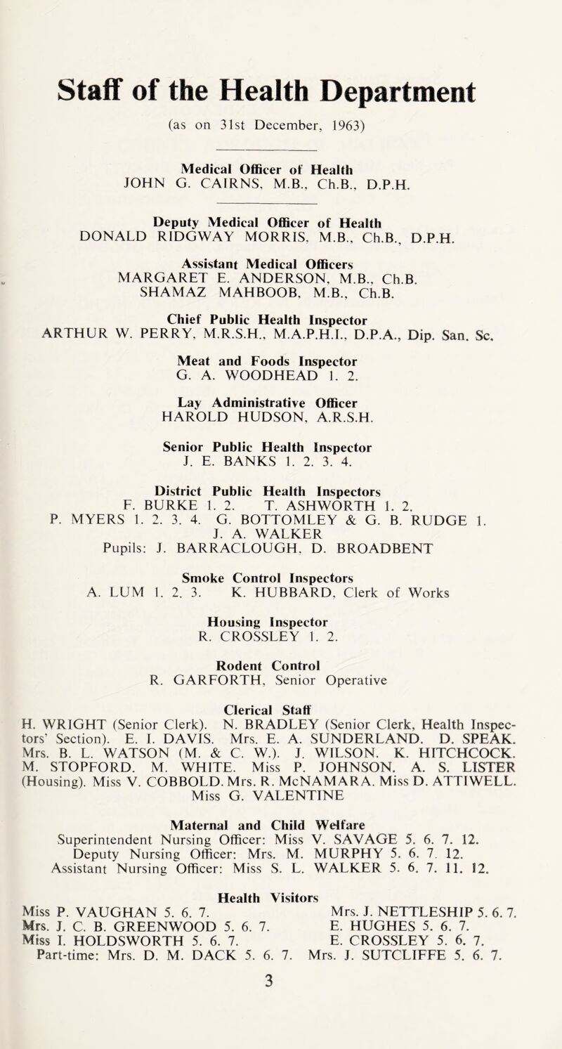 Staff of the Health Department (as on 31st December, 1963) Medical Officer of Health JOHN G. CAIRNS, M.B., Ch.B.. D.P.H. Deputy Medical Officer of Health DONALD RIDGWAY MORRIS, M.B., Ch.B., D.P.H. Assistant Medical Officers MARGARET E. ANDERSON, M.B., Ch.B. SHAMAZ MAHBOOB, M.B., Ch.B. Chief Public Health Inspector ARTHUR W. PERRY, M.R.S.H., M.A.P.H.I., D.P.A., Dip. San. Sc. Meat and Foods Inspector G. A. WOODHEAD 1. 2. Lay Administrative Officer HAROLD HUDSON, A.R.S.H. Senior Public Health Inspector J. E. BANKS 1. 2. 3. 4. District Public Health Inspectors F. BURKE 1. 2. T. ASHWORTH 1. 2. P. MYERS 1. 2. 3. 4. G. BOTTOMLEY & G. B. RUDGE 1. J. A. WALKER Pupils: J. BARRACLOUGH. D. BROADBENT Smoke Control Inspectors A. LUM 1. 2. 3. K. HUBBARD, Clerk of Works Housing Inspector R. CROSSLEY 1. 2. Rodent Control R. GARFORTH, Senior Operative Clerical St3ft H. WRIGHT (Senior Clerk). N. BRADLEY (Senior Clerk, Health Inspec- tors’ Section). E. I. DAVIS. Mrs. E. A. SUNDERLAND. D. SPEAK. Mrs. B. L. WATSON (M. & C. W.). J. WILSON. K. HITCHCOCK. M. STOPFORD. M. WHITE. Miss P. JOHNSON. A. S. LISTER (Housing). Miss V. COBBOLD. Mrs, R. McNAMARA. Miss D. ATTIWELL. Miss G. VALENTINE Maternal and Child Welfare Superintendent Nursing Officer: Miss V. SAVAGE 5. 6. 7. 12. Deputy Nursing Officer: Mrs. M. MURPHY 5, 6. 7. 12. Assistant Nursing Officer: Miss S. L. WALKER 5. 6. 7. 11. 12. Health Visitors Miss P. VAUGHAN 5. 6. 7. Mrs. J. NETTLESHIP 5. 6. 7. Mrs. J. C. B. GREENWOOD 5. 6. 7. E. HUGHES 5. 6. 7. Miss I. HOLDSWORTH 5. 6. 7. E. CROSSLEY 5. 6. 7.