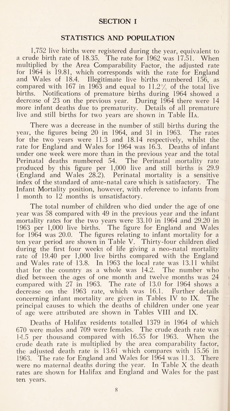 SECTION I STATISTICS AND POPULATION 1,752 live births were registered during the year, equivalent to a crude birth rate of 18.35. The rate for 1962 was 17.51. When multiplied by the Area Comparability Factor, the adjusted rate for 1964 is 19.81, which corresponds with the rate for England and Wales of 18.4. Illegitimate live births numbered 156, as compared with 167 in 1963 and equal to 11.2% of the total live births. Notifications of premature births during 1964 showed a decrease of 23 on the previous year. During 1964 there were 14 more infant deaths due to prematurity. Details of all premature live and still births for two years are shown in Table IIa. There was a decrease in the number of still births during the year, the figures being 20 in 1964, and 31 in 1963. The rates for the two years were 11.3 and 18.14 respectively, whilst the rate for England and Wales for 1964 was 16.3. Deaths of infant under one week were more than in the previous year and the total Perinatal deaths numbered 54. The Perinatal mortality rate produced by this figure per 1,000 live and still births is 29.9 (England and Wales 28.2). Perinatal mortality is a sensitive index of the standard of ante-natal care which is satisfactory. The Infant Mortality position, however, with reference to infants from 1 month to 12 months is unsatisfactory. The total number of children who died under the age of one year was 58 compared with 49 in the previous year and the infant mortality rates for the two years were 33.10 in 1964 and 29.20 in 1963 per 1,000 live births. The figure for England and Wales for 1964 was 20.0. The figures relating to infant mortality for a ten year period are shown in Table V. Thirty-four children died during the first four weeky of life giving a neo-natal mortality rate of 19.40 per 1,000 live births compared with the England and Wales rate of 13.8. In 1963 the local rate was 13.11 whilst that for the country as a whole was 14.2. The number who died between the .ages of one month and twelve months was 24 compared with 27 in 1963. The rate of 13.0 for 1964 shows a decrease on the 1963 rate, which was 16.1. Further details concerning infant mortality are given in Tables IV to IX. The principal causes to which the deaths of children under one year of age were attributed are shown in Tables VIII and IX. Deaths of Halifax residents totalled 1379 in 1964 of which 670 were males and 709 were females. The crude death rate was 14.5 per thousand compared with 16.55 for 1963. When the crude death rate is multiplied by the area comparability factor, the adjusted death rate is 13.61 which compares with 15.56 in 1963. The rate for England and Wales for 1964 was 11.3. There were no maternal deaths during the year. In Table X the death rates are shown for Halifax and England and Wales for the past ten years.