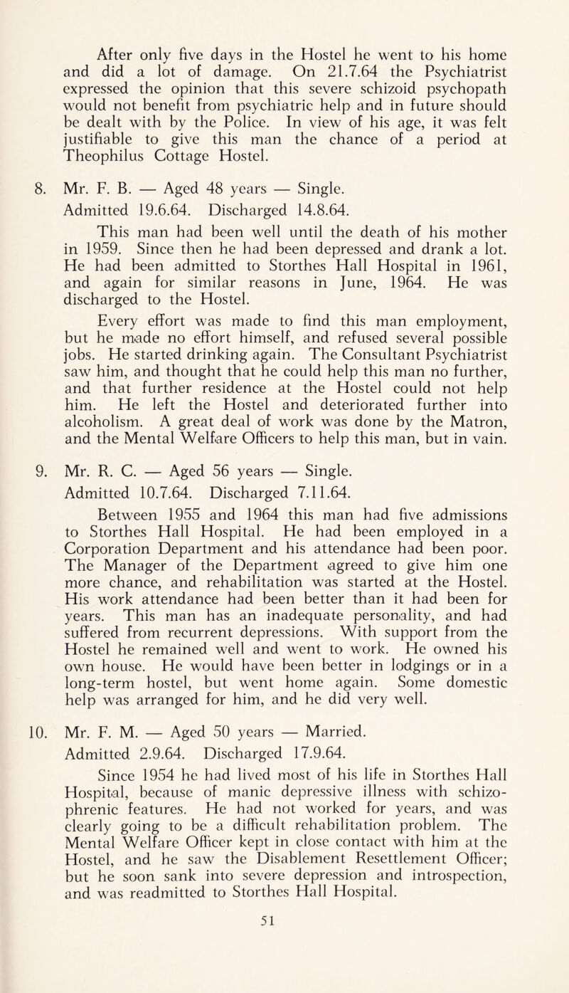 After only five days in the Hostel he went to his home and did a lot of damage. On 21.7.64 the Psychiatrist expressed the opinion that this severe schizoid psychopath would not benefit from psychiatric help and in future should be dealt with by the Police. In view of his age, it was felt justifiable to give this man the chance of a period at Theophilus Cottage Hostel. 8. Mr. F. B. — Aged 48 years — Single. Admitted 19.6.64. Discharged 14.8.64. This man had been well until the death of his mother in 1959. Since then he had been depressed and drank a lot. He had been admitted to Storthes Hall Hospital in 1961, and again for similar reasons in June, 1964. He was discharged to the Hostel. Every effort was made to find this man employment, but he made no effort himself, and refused several possible jobs. He started drinking again. The Consultant Psychiatrist saw him, and thought that he could help this man no further, and that further residence at the Hostel could not help him. He left the Hostel and deteriorated further into alcoholism. A great deal of work was done by the Matron, and the Mental Welfare Officers to help this man, but in vain. 9. Mr. Pv. C. — Aged 56 years — Single. Admitted 10.7.64. Discharged 7.11.64. Between 1955 and 1964 this man had five admissions to Storthes Hall Hospital. He had been employed in a Corporation Department and his attendance had been poor. The Manager of the Department agreed to give him one more chance, and rehabilitation was started at the Hostel. His work attendance had been better than it had been for years. This man has an inadequate personality, and had suffered from recurrent depressions. With support from the Hostel he remained well and went to work. He owned his own house. He would have been better in lodgings or in a long-term hostel, but went home again. Some domestic help was arranged for him, and he did very well. 10. Mr. F. M. — Aged 50 years — Married. Admitted 2.9.64. Discharged 17.9.64. Since 1954 he had lived most of his life in Storthes Hall Hospital, because of manic depressive illness with schizo- phrenic features. He had not worked for years, and was clearly going to be a difficult rehabilitation problem. The Mental Welfare Officer kept in close contact with him at the Hostel, and he saw the Disablement Resettlement Officer; but he soon sank into severe depression and introspection, and was readmitted to Storthes Hall Hospital.