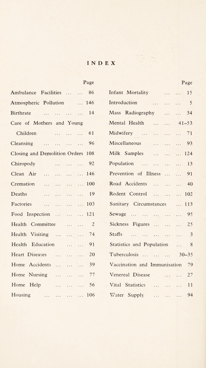 INDEX Page Ambulance Facilities 86 Atmospheric Pollution ... 146 Birthrate 14 Care of Mothers and Young Children 61 Cleansing 96 Closing and Demolition Orders 108 Chiropody 92 Clean Air 146 Cremation 100 Deaths 19 Factories 103 Food Inspection 121 Health Committee 2 Health Visiting 74 Health Education 91 Heart Diseases 20 Home Accidents 39 Home Nursing 77 Home Help 56 Housing 106 Page Infant Mortality 15 Introduction 5 Mass Radiography 34 Mental Health 41-53 Midwifery 71 Miscellaneous 93 Milk Samples 124 Population 13 Prevention of Illness 91 Road Accidents 40 Rodent Control 102 Sanitary Circumstances ... 113 Sewage 95 Sickness Figures 25 Staffs 3 Statistics and Population ... 8 Tuberculosis 30-35 Vaccination and Immunisation 79 Venereal Disease 27 Vital Statistics 11 Water Supply 94