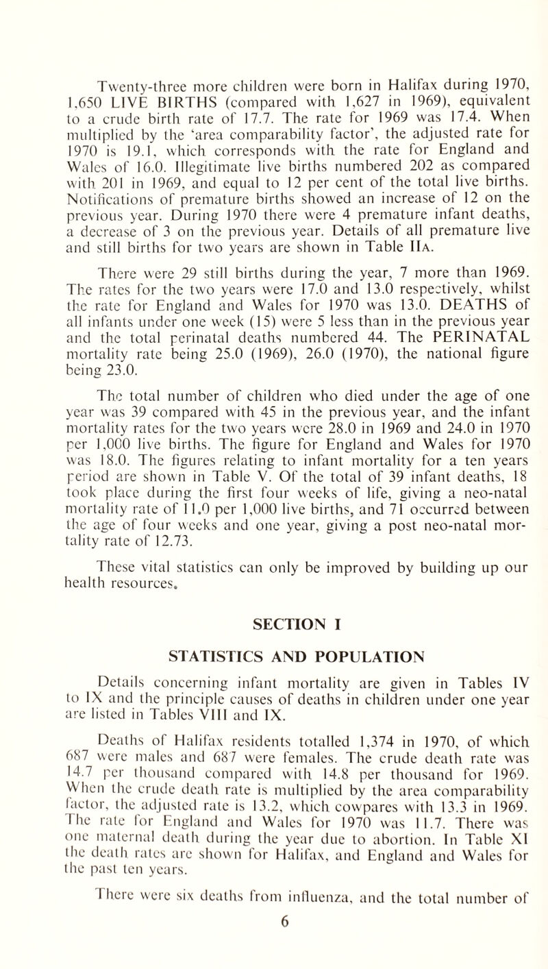 Twenty-three more children were born in Halifax during 1970, 1,650 LIVE BIRTHS (compared with 1,627 in 1969), equivalent to a crude birth rate of 17.7. The rate for 1969 was 17.4. When multiplied by the ‘area comparability factor', the adjusted rate for 1970 is 19.1, which corresponds with the rate for England and Wales of 16.0. Illegitimate live births numbered 202 as compared with 201 in 1969, and equal to 12 per cent of the total live births. Notifications of premature births showed an increase of 12 on the previous year. During 1970 there were 4 premature infant deaths, a decrease of 3 on the previous year. Details of all premature live and still births for two years are shown in Table IIa. There were 29 still births during the year, 7 more than 1969. The rates for the two years were 17.0 and 13.0 respectively, whilst the rate for England and Wales for 1970 was 13.0. DEATHS of all infants under one week (15) were 5 less than in the previous year and the total perinatal deaths numbered 44. The PERINATAL mortality rate being 25.0 (1969), 26.0 (1970), the national figure being 23.0. The total number of children who died under the age of one year was 39 compared with 45 in the previous year, and the infant mortality rates for the two years were 28.0 in 1969 and 24.0 in 1970 per 1,000 live births. The figure for England and Wales for 1970 was 18.0. The figures relating to infant mortality for a ten years period are shown in Table V. Of the total of 39 infant deaths, 18 took place during the first four weeks of life, giving a neo-natal mortality rate of 11.0 per 1,000 live births, and 71 occurred between the age of four weeks and one year, giving a post neo-natal mor- tality rate of 12.73. These vital statistics can only be improved by building up our health resources. SECTION I STATISTICS AND POPULATION Details concerning infant mortality are given in Tables IV to IX and the principle causes of deaths in children under one year are listed in Tables VIII and IX. Deaths of Halifax residents totalled 1,374 in 1970, of which 687 were males and 687 were females. The crude death rate was 14.7 per thousand compared with 14.8 per thousand for 1969. When the crude death rate is multiplied by the area comparability factor, the adjusted rate is 13.2, which cowpares with 13.3 in 1969. lire rate lor England and Wales for 1970 was 11.7. There was one maternal death during the year due to abortion. In Table XI the death rates are shown lor Halifax, and England and Wales for the past ten years. there were six deaths Irom influenza, and the total number of