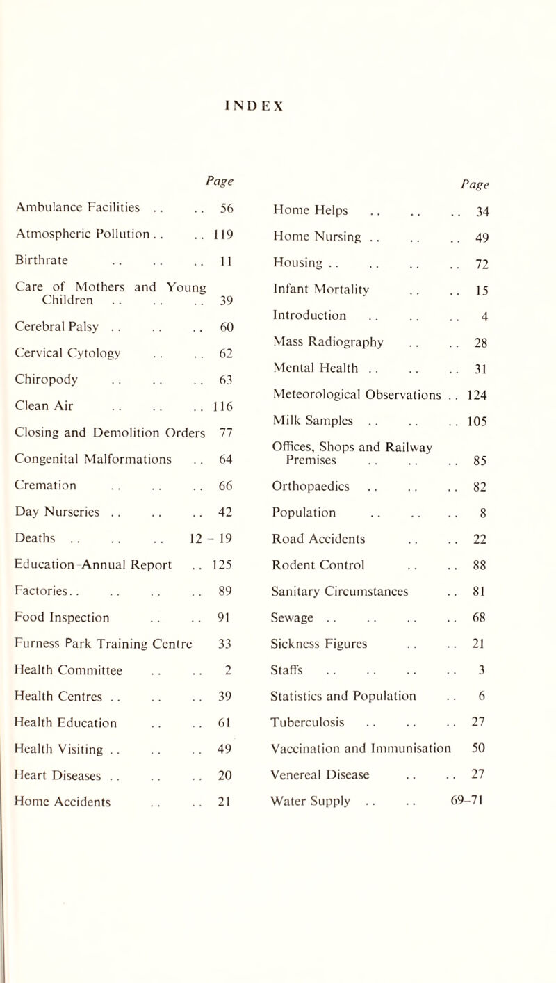 INDEX Page Ambulance Facilities .. .. 56 Atmospheric Pollution .. ..119 Birthrate 11 Care of Mothers and Young Children .. .. 39 Cerebral Palsy .. .. .. 60 Cervical Cytology .. .. 62 Chiropody . . .. 63 Clean Air ..116 Closing and Demolition Orders 77 Congenital Malformations . . 64 Cremation 66 Day Nurseries .. .. 42 Deaths .. 12-19 Education Annual Report .. 125 Factories.. .. .. 89 Food Inspection .. .. 91 Furness Park Training Centre 33 Health Committee .. 2 Health Centres .. 39 Health Education . . 61 Health Visiting . . .49 Heart Diseases .. .. .. 20 Home Accidents 21 Home Helps Page .. 34 Home Nursing .. 49 Housing .. 72 Infant Mortality .. 15 Introduction .. 4 Mass Radiography .. 28 Mental Health .. 31 Meteorological Observations .. 124 Milk Samples . . 105 Offices, Shops and Railway Premises .. 85 Orthopaedics .. 82 Population 8 Road Accidents .. 22 Rodent Control .. 88 Sanitary Circumstances .. 81 Sewage .. 68 Sickness Figures .. 21 Staffs 3 Statistics and Population 6 Tuberculosis .. 27 Vaccination and Immunisation 50 Venereal Disease .. 27 Water Supply .. 69-71