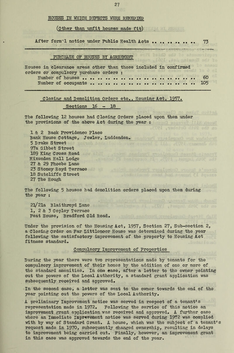 HOUSES IN WHICH DEFECTS WERE REMEDIED (Other than unfit houses made fit) After formal notice under Public Health Acts 73 PURCHASE OE HOUSES BY AGREEMENT Houses in clearance areas other than those included in confirmed orders or compulsory purchase orders : Humber of houses .. .. .. ,. .. .. 60 Number of occupants 105 Closing and Demolition Orders etc., Housing; Act, 1957. Sections 16 - 18 The following 12 houses had Closing Orders placed upon them under the provisions of the above Act during the year : 1 & 2 Back Providence place Bank Rouse Cottage, Jowler, Luddenden. 5 Drake Street 97a Gibbet Street 189 King Cross Road Mixenden Hall Lodge 27 & 29 Phoebe Lane 23 Stoney Royd Terrace 18 Sutcliffe Street 27 The Hough The following 5 houses had demolition orders placed upon them during the year : 23/21a Blaithroyd Lane 1, 2 & 3 Copley Terrace Peat House, Bradford Old Road. Under the provision of the Housing Act, 1957, Section 27, Sub-section 2, a Closing Order on Par Littlemoor House was determined during the year following the satisfactory improvement of the property to Housing Act fitness standard. Compulsory Improvement of Properties During the year there were two representations made by tenants for the compulsory improvement of their homes by the addition of one or more of the standard amenities. In ono ease, after a letter to the owner pointing out the powers of the Local Authority, a standard grant application was subsequently received and approved. In the second case, a letter was sent to the owner towards the end of the year pointing out the powers of the Local Authority. A preliminary Improvement notice was served in respect of a tenant* s representation made in 1972. Following the service of this notice an improvement grant application was received and approved. A further case where an Immediate Improvement notice was served during 1972 was complied with by way of Standard Grant. A house, which was the subject of a tenant's request made in 1970, subsequently changed ownership, resulting in delays to improvement being carried out. Finally, however, an improvement grant in this case was approved towards the end of the year.