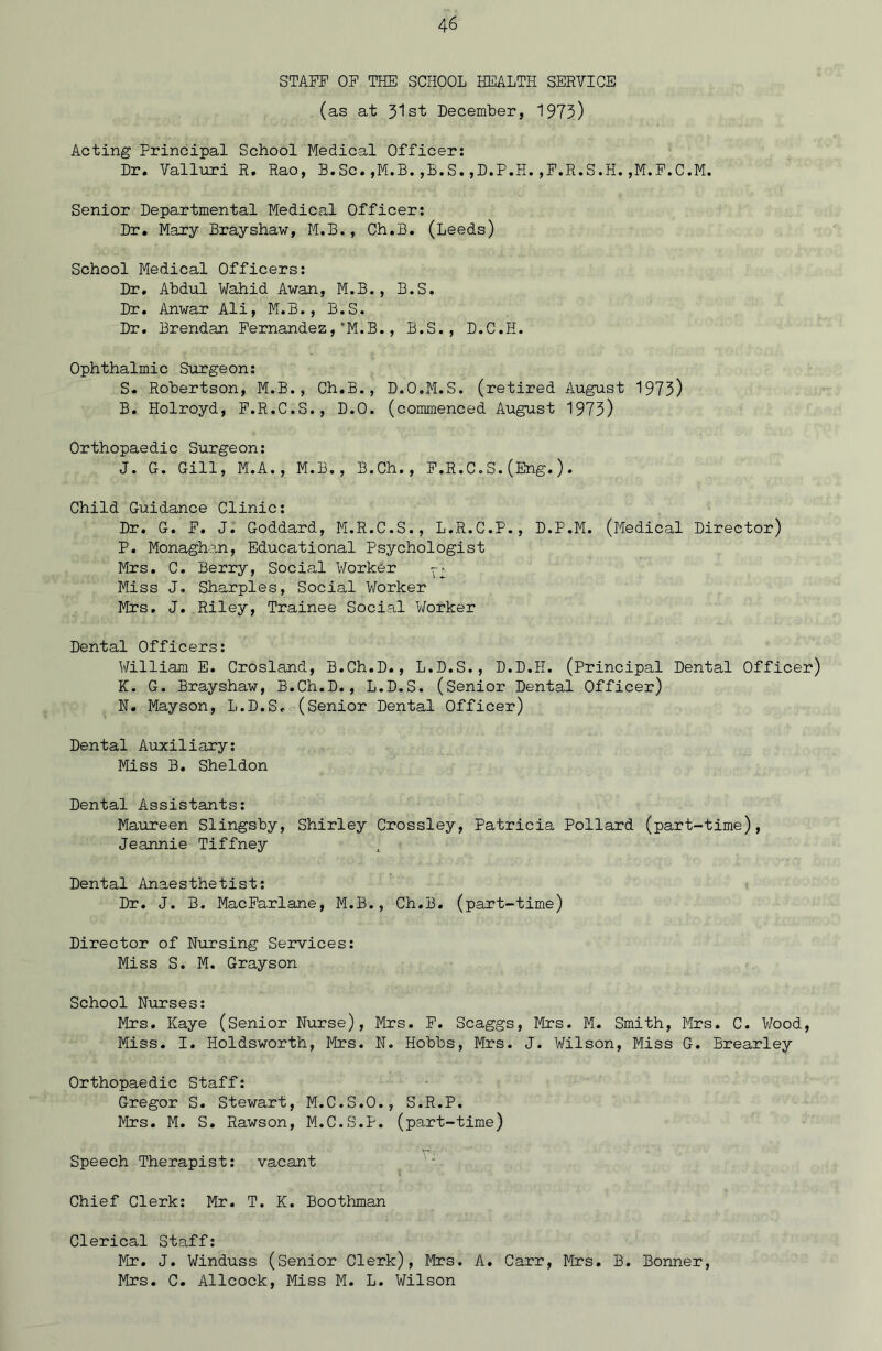 STAFF OF THE SCHOOL HEALTH SERVICE (as at 3*1 st December, 1973) Acting Principal School Medical Officer: Dr. Valluri R. Rao, B.Sc.,M.B.,B.S.,D.P.H.,F.R.S.H.,M.F.C.M. Senior Departmental Medical Officer: Dr. Mary Brayshaw, M.B., Ch.B. (Leeds) School Medical Officers: Dr. Abdul Wahid Awan, M.B., B.S. Dr. Anwar Ali, M.B., B.S. Dr. Brendan Fernandez,'M.B., B.S., D.C.H. Ophthalmic Surgeon: S. Robertson, M.B., Ch.B., D.O.M.S. (retired August 1973) B. Holroyd, F.R.C.S., D.O. (commenced August 1973) Orthopaedic Surgeon: J. G. Gill, M.A., M.B., B.Ch., F.R.C.S.(Eng.). Child Guidance Clinic: Dr. G. F. J. Goddard, M.R.C.S., L.R.C.P., D.P.M. (Medical Director) P. Monaghan, Educational Psychologist Mrs. C. Berry, Social Worker ^ Miss J. Sharpies, Social Worker Mrs. J. Riley, Trainee Social Worker Dental Officers: William E. Crosland, B.Ch.D., L.D.S., D.D.H. (Principal Dental Officer) K. G. Brayshaw, B.Ch.D., L.D.S. (Senior Dental Officer) N. Mayson, L.D.S. (Senior Dental Officer) Dental Auxiliary: Miss B. Sheldon Dental Assistants: Maureen Slingsby, Shirley Crossley, Patricia Pollard (part-time), Jeannie Tiffney Dental Anaesthetist: Dr. J. B. MacFarlane, M.B., Ch.B. (part-time) Director of Nursing Services: Miss S. M. Grayson School Nurses: Mrs. Kaye (Senior Nurse), Mrs. F. Scaggs, Mrs. M. Smith, Mrs. C. Wood, Miss. I. Holdsworth, Mrs. N. Hobbs, Mrs. J. Wilson, Miss G. Brearley Orthopaedic Staff: Gregor S. Stewart, M.C.S.O., S.R.P. Mrs. M. S. Rawson, M.C.S.P. (part-time) Speech Therapist: vacant Chief Clerk: Mr. T. K. Boothman Clerical Staff: Mr. J. Winduss (Senior Clerk), Mrs. A. Carr, Mrs. B. Bonner, Mrs. C. Allcock, Miss M. L. Wilson