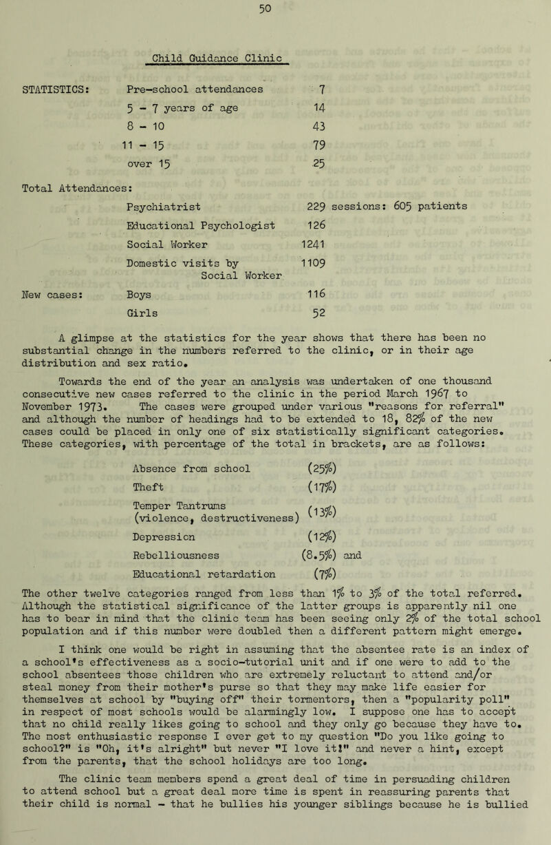 Child Guidance Clinic STATISTICS: Pre-school attendances 7 5 - 7 yeurs of age 14 8-10 43 11 - 15 79 over 15 25 Total Attendances: Psychiatrist 229 sessions: 605 patients Educational Psychologist 126 Social Worker 1241 Domestic visits by Social Worker 1109 New cases: Boys 116 Girls 52 A glimpse at the statistics for the year shows that there has been no substantial change in the numbers referred to the clinic, or in their age distribution and sex ratio. Towards the end of the year an analysis was undertaken of one thousand consecutive new cases referred to the clinic in the period March 1967 to November 1973* The cases were grouped -under various reasons for referral and although the number of headings had to be extended to 18, 82'jo of the new cases could be placed in only one of six statistically significant categories. These categories, with percentage of the total in brackets, are as follows: Absence from school (25i°) Theft (17/o) Temper Tantrums (irf) (violence, destructiveness) ^ ' Depression (12%) Rebelliousness (8.5i°) and. Educational retardation (7%) The other twelve categories ranged from less than 1% to 3% of the total referred. Although the statistical significance of the latter groups is apparently nil one has to bear in mind that the clinic team has been seeing only 2% of the total school population and if this number were doubled then a different pattern might emerge. I think one would be right in assuming that the absentee rate is an index of a school’s effectiveness as a socio—tutorial unit and if one were to add to the school absentees those children who are extremely reluctant to attend and/or steal money from their mother’s purse so that they may make life easier for themselves at school by buying off their tormentors, then a popularity poll in respect of most schools would be alarmingly low. I suppose one has to accept that no child really likes going to school and they only go because they have to. The most enthusiastic response I ever get to my question Do you like going to school? is Oh, it’s alright but never I love it I and never a hint, except from the parents, that the school holidays are too long. The clinic team members spend a great deal of time in persuading children to attend school but a great deal more time is spent in reassuring parents that their child is normal - that he bullies his younger siblings because he is bullied