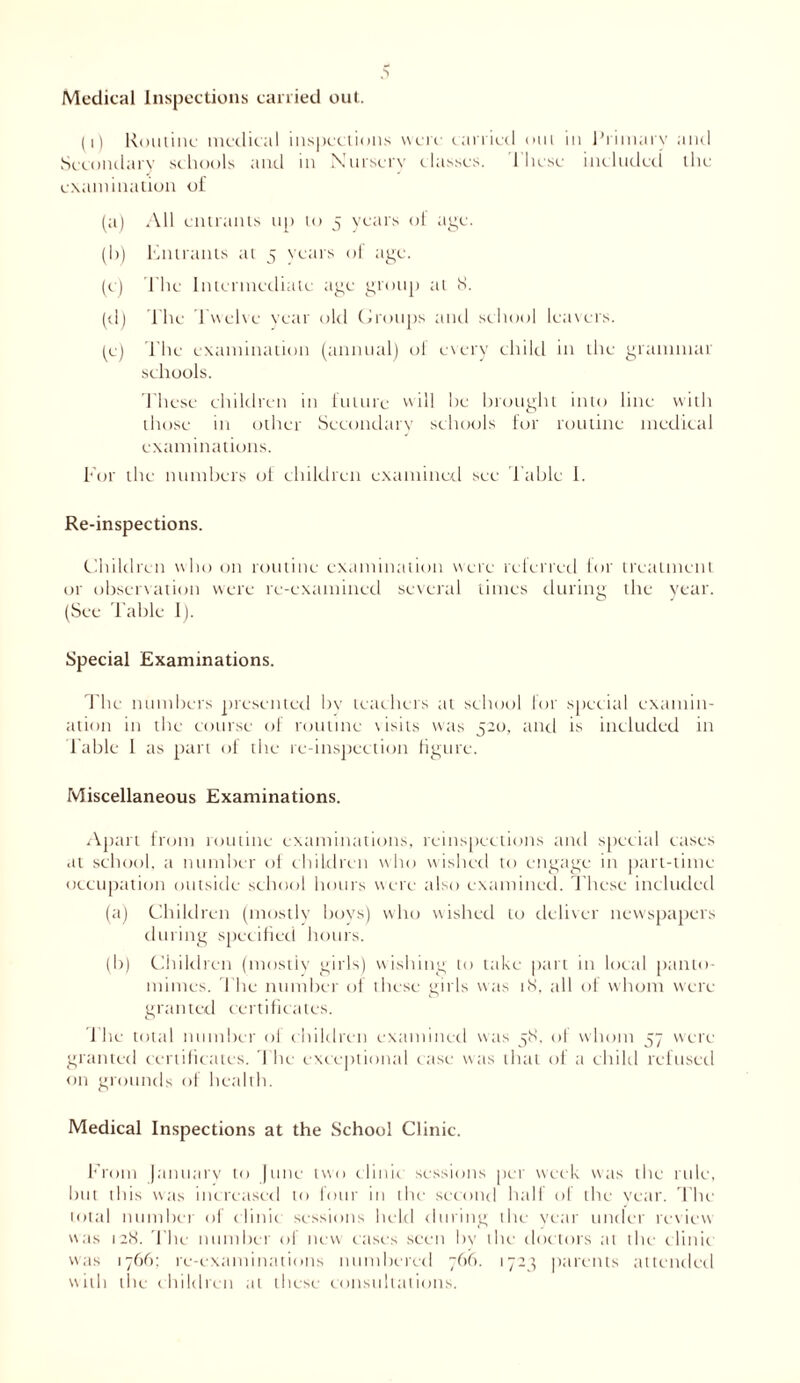 Medical Inspections carried out. (i) Routine medical inspections were carried out in Primary and Secondary schools and in Nursery classes. These included die examination of (a) All entrants up to 5 years of age. (h) Entrants at 5 years of age. (c) The Intermediate age group at 8. (dj The Twelve year old Groups and school leavers. (e) The examination (annual) ol every child in the grammar schools. These children in future will he brought into line with those in other Secondary schools for routine medical examinations. For the numbers of children examined see Table 1. Re-inspections. Children who on routine examination were referred for treatment or observation were re-examined several times during tbe year. (See Table I). Special Examinations. 1'he numbers presented by teachers at school for special examin- ation in the course of routine \isits was 52o, and is included in Table 1 as part of the re-inspection figure. Miscellaneous Examinations. Apart from routine examinations, reinspections and special cases at school, a number of children who wished to engage in part-time occupation outside school hours were also examined. These included (a) Children (mostly boys) who wished to deliver newspapers during specified hours. (b) Children (mostly girls) wishing to take part in local panto- mimes. The number of these girls was 18, all of whom were gra 11 ted certificates. The total number of children examined was 58, ol whom 57 were granted certificates. I he exceptional case was that of a child refused on grounds of health. Medical Inspections at the School Clinic. From January to June two clinic sessions per week was the rule, but this was increased to four in the second half of the year. The total number of clinic sessions held during the year under review was 128. The number of new cases seen by the doctors at the clinic was 1766; re-examinations numbered 766. 1723 parents attended with the children at these consultations.