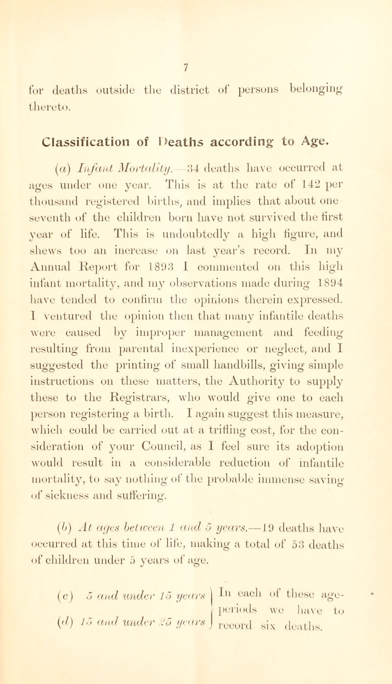 lor (leatlis outside the district of perscuis belonging thereto. Classification of l>eaths according to Age. ((t) Iiijuiif Moiifditij. od (leatlis have occurred at ages under one yeai-. This is at the rate of 142 per thousand registered hirths^ and implies that about one seventh of the children born have not survived the first year of life. This is undouhtedly a high figure, and shews too an increase on last year’s record. In my xVnnual Keport for 181)8 1 commented on this high infant mortality, and mv observations made during 181)4 have tended to confirm the opiiiions therein ex})ressed. 1 \entured the opinion then that many infantile deaths were caused by improper management and feeding resulting from parental inex[)erience or neglect, and I suggested the printing of small handbills, giving simple iiistructiims on these matters, the Authority to supply these to the Registrars, who would give one to each person registering a birth. I again suggest this measure, which could be carried out at a trifling cost, for the con- sideration of your Council, as I feel sure its adojition woubl result in a eonsiderable reduction of infantile iiKjrtality, to say ludhing of the prohable immense saving of sickness and suffei'ing. [h) At a</eti beticeeji 1 mid o years.—11) deaths have occurred at this time of life, making a total of 58 deaths of children under 5 years of age. 1/ O (c) J and under I~> years j each of these age- 1 peiiods wi' have to ((/) jr> ain/ liruler JJ years ] ,,5^ d^atli.s.