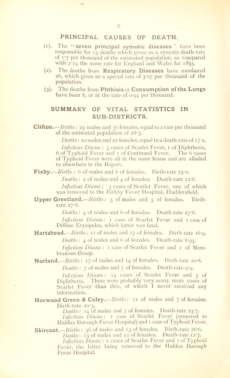 PRINCIPAL CAUSES OF DEATH. (1) . The “seven principal zymotic diseases” have been responsible for 15 deaths which f,dves us a zymotic death-rate of 1-7 per thousand of the estimated population, as compared with 2-14 the same rate for Euf^dand and Wales for 1895. (2) . The deaths from Respiratory Diseases have numbered 26, which gives us a special rate of 3'07 per thousand of the population. (3) . The deaths from Phthisis or Consumption of the Lungs have been 8, or at the rate of o’94 per thousand. SUMMARY OF VITAL STATISTICS IN SUB-DISTRICTS. Clifton.—Births : 29 males and 36 females, equal to a rate per thousand of the estimated population of 28'3. Deaths: 20 males and 20 females, equal to a death-rate of i7'2. Infectious Disease: 3 cases of Scarlet Fever, i of Diphtheria, 6 of Typhoid Fever and 1 of Continued Fever. The 6 cases of Typhoid Fever were all in the same house and are alluded to elsewhere in the Report. Fixby.—Births : 6 of males and 6 of females, liirth-rate 25-2. Deaths: 2 of males and 4 of females. Death-rate i2'6. Infectious Disease : 3 cases of Scarlet I'ever, one of which was removed to the Birkby Fever Hospital, Huddersfield. Upper Greetland.—Births: 5 of males and 5 of females. Birth- rate 27-8. Deaths: 4 of males and 6 of females. Death-rate 27-8. Infectious Disease: i case of Scarlet l'e\'er and i case of Diffuse Erysipelas, which latter was fatal. Hartshead.—Births: ii of males and 17 of females. Birth-rate i6-g. Deaths : 4 of males and 6 of females. Death-rate 8’95. Infectious Disease : i case of Scarlet Fe\'er and i of Mem- branous Croup. Norland.—Births : 17 of males and 14 ot females. Birth-rate 20'8. Death}': 7 of males and 7 of females. Death-rate 9-9. Infectious Disease: 14 cases of Scarlet Fever and 3 of Diphtheria. There were probably very many more cases of Scarlet Fever than this, of which 1 never received any information. Norwood Green & Coley.—Births: ii of males and 7 of females. Birth-rate 20-3. Deaths : 14 of males and 7 of females. Death-rate 237. Bifcctious Disease: 1 case of Scarlet h'ever (removed to Halifa.x Borough h'ever I lospital) and i case of Typhoid Fever. Skircoat.—Births: 36 of males aiul 15 of females. Birth-rate 26-6. Deaths: 13 of males and 12 of females. Death-rate 127. Infectious Piscasc : 2 cases of Scarlet Fever and 1 ofTy[)hoid J'ever, the latter being removed to the Halifax Borough Fever 1 lospital.