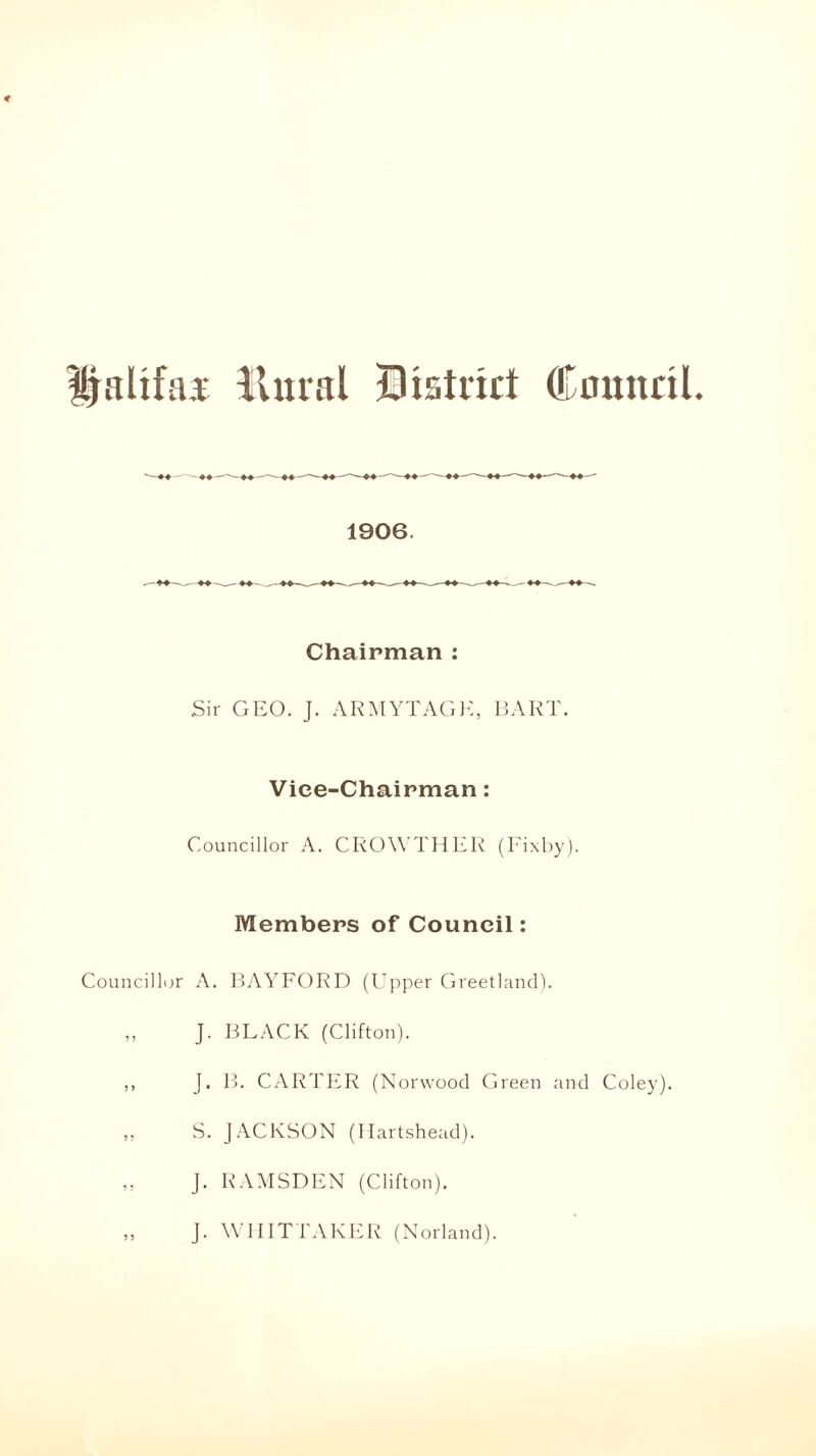 Halifax Ilural District Council. Chairman : Sir GEO. J. ARMYTAGK, BART. Vice-Chairman: Councillor A. CROWTHER (Fixby). Members of Council: Councillor A. BAYFORD (Upper Greetland). ,, J. BLACK (Clifton). ,, J. B. CARTER (Norwood Green and Coley). S. JACKSON (Hartshead). „ J. RAMSDEN (Clifton). „ J. WHITTAKER (Norland).