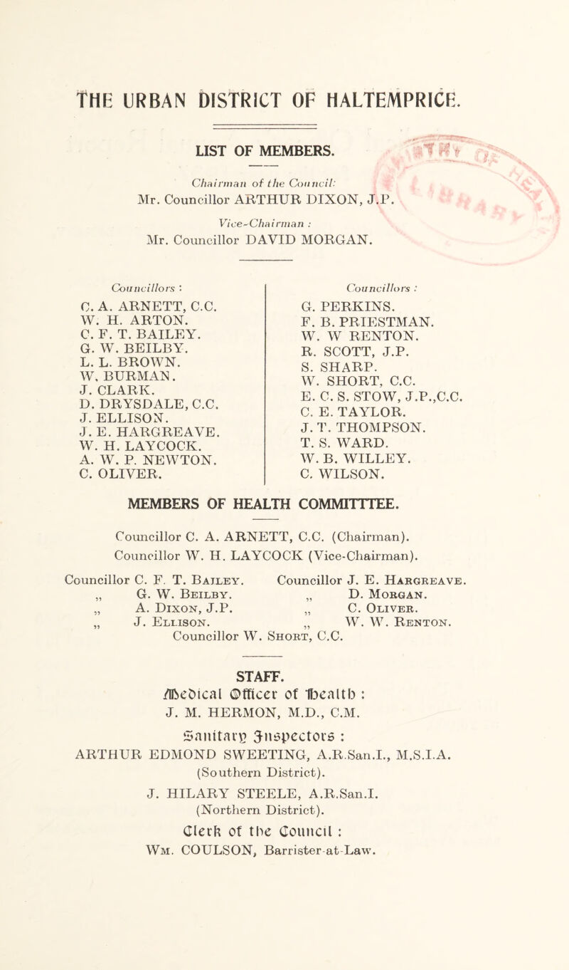 THE URBAN DISTRICT OF HALTEMPRICE. LIST OF MEMBERS. Chairman of the Council: Mr. Councillor ARTHUR DIXON, J.P. Vice-Chairman : Mr. Councillor DAVID MORGAN. Councillors • C. A. ARNETT, C.C. W. H. ARTON. C. F. T. BAILEY. G. W. BEILBY. L. L. BROWN. W, BURMAN. J. CLARK. D. DRYSDALE, C.C. J. ELLISON. J. E. HARGREAVE. W. H. LAYCOCK. A. W. P. NEWTON. C. OLIVER. Councillors : G. PERKINS. F. B. PRIESTMAN. W. W RENTON. R. SCOTT, J.P. S. SHARP. W. SHORT, C.C. E. C. S. STOW, J.P.,C.C. C. E. TAYLOR. J. T. THOMPSON. T. S. WARD. W. B. WILLEY. C. WILSON. MEMBERS OF HEALTH COMMITTTEE. Councillor C. A. ARNETT, C.C. (Chairman). Councillor W. H. LAYCOCK (Vice-Chairman). Councillor C. F. T. Bailey. Councillor J. E. Hargreave. „ G. W. Beilby. „ D. Morgan. „ A. Dixon, J.P. „ C. Oliver. „ J. Ellison. „ W. W. Renton. Councillor W. Short, C.C. STAFF. /ifteDtcal ©fftcer of Ibealtb : J. M. HERMON, M.D., C.M. Sanitary inspectors : ARTHUR EDMOND SWEETING, A.R San.I., M.S.I.A. (Southern District). J. HILARY STEELE, A.R.San.I. (Northern District). Clerk of the Council: Wm. COULSON, Barrister at Law.