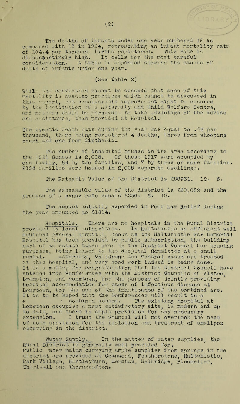 The deaths of infants under one year numbered 19 as compared with 13 in 1924, representing an infant mortality rate of 104.4 per thousand births registered * This rate is disconcertingly high. It calls for the most careful consideration. A table is appended showing the causes of death of infants under one year. (See Table 2) Whil'. the conviction cannot be escaped that some of this mortality is dueutto practices which cannot be discussed in this sport, yet considerable improve; ont might bo secured by the institution of a Maternity and Child Welfare Centre, and mo tiiers could be persuaded to take advantage of the advice and assistance, than provided at Hospital. The zymotic death rate during the year was equal to ,f>2 per thousand, there being registered 4 deaths, three from whooping cough and one from diptheria,. The number of inhabited houses in the area according to the 1921 Census is 2,008. Of these 1917 were occupied by one family, 84 by two families, and 7 by three or more families. 2106 families were housed in 2,008 separate dwellings. The Rateable Value of the District is £88931. 12. 6. The assessable value of the district is £60,082 and the produce of a penny rate equals £250. 6. 10. The amount actually expended in Poor Law Relief during the year amounted to £1614. Hospitals. There are no hospitals in the Rural District provided by local authorities. In Haltwhistle an efficient well equipped general hospital, known as the Haltwhistle War Memorial Hospital has been provided by public subscription, the building part of an estate taken over by the District Council for housing purposes, being leased to the Hospital Committee at a small rental. Maternity, Childrens and General cases are treated at this hospital, and very good work indeed is being done. It is a matter fro congratulation that the District Council have entered into Conferences with the District Councils of Alston, Brampton, and •Ljongtown, for the purpose of jointly providing hospital accommodation for oases of infectious disease at Longtown, for the use of the inhabitants of the combined are. It is to be hoped that the Conferences will result in a ■p r combined scheme. The existing hospital at Longtown occupies a most satisfactory site, is modern and up to date, and there is ample provision for any necessary extension. I trust the Council will not overlook the need of some provision for the isolation and treatment of smallpox occurring in the district. Water Supply. In the matter of water supplies, the Ru^al District is generally well provided for. Public -ater mains carrying ample supplies from springs in the district are provided at Coanwood, Featherstone, Haltwhistle Park Village, Hartleyburn, Henshaw, iielkridge, Plenmeller, Thirlwall and Thorngrafton♦