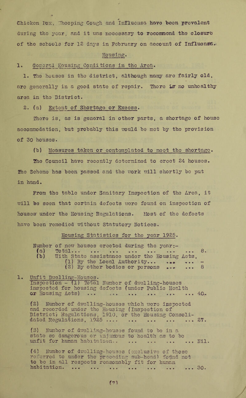 Chicken Pox, ’Tho oping Cough and Influenza have been provalcnt during the year, and it was necessary to rocomraond tho closure of tho schools for 12 days in February on account of Influenza.* Housing. 1. Cor.oral Housing Conditions in tho Area. 1. The houses in tho district, although many are fairly old, are generally in a good state of repair. There is* no unhealthy area in tho District. 2. (a) Extent of Shortage or Excess. There is, as is general in other parts, a shortage of house accommodation, but probably this would be met by tho provision of 30 houses. (b) Measures taken or contemplated to meet tho shortage. The Council have recently determined to erect 24 houses. Tho Scheme has been passed and tho work will shortly be put in hand. From the table under Sanitary Inspection of the Area, it will be seen that certain defects were found on inspection of houses' under the Housing Regulations. Most of the defects have been remedied without Statutory notices. Housing Statistics for the year 1925. Humber of new houses erected during the year:- If a) To tal... ... ... ... ... ... ... 0. fb) With State assistance under tho Housing Acts, (1) By the Local Authority... ... (2) By other bodies or persons ...# ... 0 1. Unfit Dwelling-Houses. Inspection - f1) Total Humber of dwelling-houses - inspected for housing defects (under Public Health or Housing Acts) ... ... 4G. (2) Number of dwelling-houses which were inspected and recorded 'under tho Housing (Inspection of District) Regulations, 1910, or the Housing Consoli- dated Regulations, 1925 27. (3) Humber of dwelling-houses found to be in a state so dangerous or injurious to health as to be unfit for human habitation. Nil. (4) Humber of dwelling-houses (exclusive of those referred to under the preceding sub-head) foTjnd not to bo in all respects reasonably fit for human habitation. ... ... ... ... ... ... ...30.