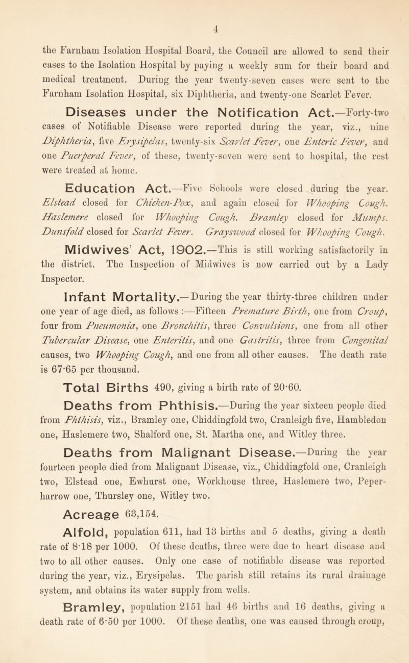 the Farnham Isolation Hospital Board, the Council are allowed to send their cases to the Isolation Hospital by paying a weekly sum for their board and medical treatment. During the year twenty-seven cases were sent to the Farnham Isolation Hospital, six Diphtheria, and twenty-one Scarlet Fever. Diseases under the Notification Act.—Forty-two cases of Notifiable Disease were reported during the year, viz., nine Diphtheria, five Erysipelas, twenty-six Scarlet Fever, one Enteric Fever, and one Puerperal Fever, of these, twenty-seven were sent to hospital, the rest were treated at home. Education Act.—Five Schools were closed during the year. Elstead closed for Chicken-Pox, and again closed for Whooping Cough. Haslemere closed for Whooping Cough. Bramley closed for Mumps. Dunsfold closed for Scarlet Fever. Grayswood closed for Whooping Cough. Midwives’ Act, 1902. —This is still working satisfactorily in the district. The Inspection of Midwives is now carried out by a Lady Inspector. Infant Mortality .— During the year thirty-three children under one year of age died, as follows :—Fifteen Premature Birth, one from Croup, four from Pneumonia, one Bronchitis, three Convulsions, one from all other Tubercular Disease, one Enteritis, and one Gastritis, three from Congenital causes, two Whooping Cough, and one from all other causes. The death rate is 67*65 per thousand. Total Births 490, giving a birth rate of 20*60. Deaths from Phthisis.—During the year sixteen people died from Phthisis, viz., Bramley one, Chiddingfold two, Cranleigh five, Hambledon one, Haslemere two, Shalford one, St. Martha one, and Witley three. Deaths from Malignant Disease.—During the year fourteen people died from Malignant Disease, viz., Chiddingfold one, Cranleigh two, Elstead one, Ewhurst one, Workhouse three, Haslemere two, Peper- harrow one, Thursley one, Witley two. Acreage 68,154. Alfold, population 611, had 18 births and 5 deaths, giving a death rate of 8*18 per 1000. Of these deaths, three were due to heart disease and two to all other causes. Only one case of notifiable disease was reported during the year, viz., Erysipelas. The parish still retains its rural drainage system, and obtains its water supply from wells. Bramley, population 2151 had 46 births and 16 deaths, giving a death rate of 6*50 per 1000. Of these deaths, one was caused through croup,