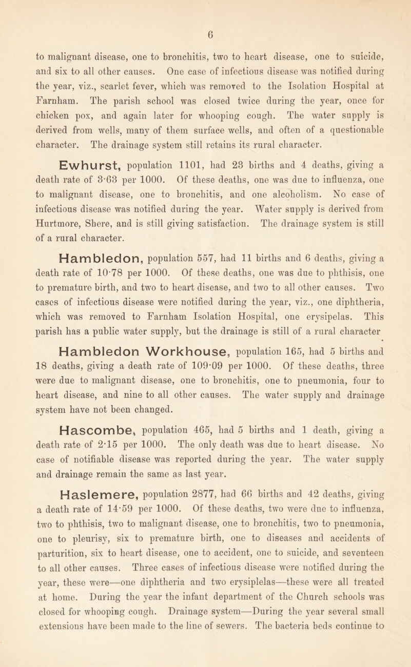 to malignant disease, one to bronchitis, two to heart disease, one to suicide, and six to all other causes. One case of infectious disease was notified during the year, viz., scarlet fever, which was removed to the Isolation Hospital at Farnham. The parish school was closed twice during the year, once for chicken pox, and again later for whooping cough. The water supply is derived from wells, many of them surface wells, and often of a questionable character. The drainage system still retains its rural character. Ewhurst, population 1101, had 28 births and 4 deaths, giving a death rate of 8-63 per 1000. Of these deaths, one was due to influenza, one to malignant disease, one to bronchitis, and one alcoholism. No case of infectious disease was notified during the year. Water supply is derived from Hurtmore, Shere, and is still giving satisfaction. The drainage system is still of a rural character. Ham bled On, population 557, had 11 births and 6 deaths, giving a death rate of 10*78 per 1000. Of these deaths, one was due to phthisis, one to premature birth, and two to heart disease, and two to all other causes. Two cases of infectious disease were notified during the year, viz., one diphtheria, which was removed to Farnham Isolation Hospital, one erysipelas. This parish has a public water supply, hut the drainage is still of a rural character • Hambledon Workhouse, population 165, had 5 births and 18 deaths, giving a death rate of 109*09 per 1000. Of these deaths, three were due to malignant disease, one to bronchitis, one to pneumonia, four to heart disease, and nine to all other causes. The water supply and drainage system have not been changed. Hascombe, population 465, had 5 births and 1 death, giving a death rate of 2*15 per 1000. The only death was due to heart disease. No case of notifiable disease was reported during the year. The water supply and drainage remain the same as last year. Haslemere, population 2877, had 66 births and 42 deaths, giving a death rate of 14*59 per 1000. Of these deaths, two were due to influenza, two to phthisis, two to malignant disease, one to bronchitis, two to pneumonia, one to pleurisy, six to premature birth, one to diseases and accidents of parturition, six to heart disease, one to accident, one to suicide, and seventeen to all other causes. Three cases of infectious disease were notified during the year, these were—one diphtheria and two erysiplelas—these were all treated at home. During the year the infant department of the Church schools was closed for whooping cough. Drainage system—During the year several small extensions have been made to the line of sewers. The bacteria beds continue to