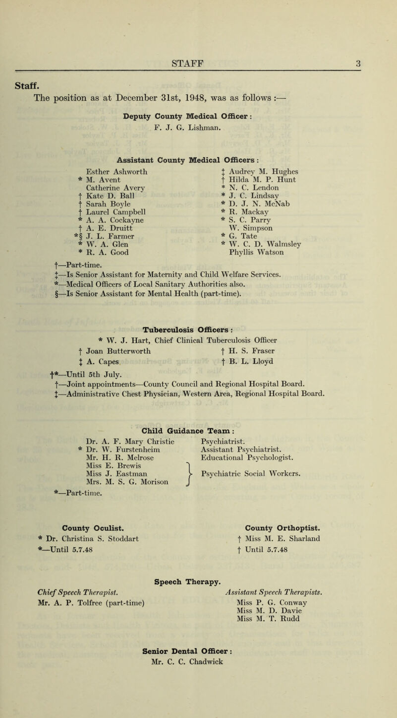 Staff. The position as at December 31st, 1948, was as follows :— Deputy County Medical Officer: F. J. G. Irishman. Assistant County Medical Officers : Esther Ashworth * M. A vent Catherine Avery f Kate D. Ball f Sarah Boyle f Laurel Campbell * A. A. Cockayne f A. E. Druitt *§ J. L. Farmer * W. A. Glen * R. A. Good f—Part-time. J Audrey M. Hughes t Hilda M. P. Hunt * N. C. Lendon * J. C. Lindsay * D. J. N. McNab * R. Mackay * S. C. Parry W. Simpson * G. Tate * W. C. D. Walmsley Phyllis Watson J—Is Senior Assistant for Maternity and Child Welfare Services. *—Medical Officers of Local Sanitary Authorities also. §—Is Senior Assistant for Mental Health (part-time). Tuberculosis Officers : * W. J. Hart, Chief Clinical Tuberculosis Officer f Joan Butterworth f H. S. Fraser l A. Capes f B. L. Lloyd f*—-Until 5th July. •f—Joint appointments—County Council and Regional Hospital Board. J—Administrative Chest Physician, Western Area, Regional Hospital Board. Child Guidance Team: Dr. A. F. Mary Christie * Dr. W. Furstenheim Mr. H. R. Melrose Miss E. Brewis Miss J. Eastman Mrs. M. S. G. Morison Psychiatrist. Assistant Psychiatrist. Educational Psychologist. ^j- Psychiatric Social Workers. *—Part-time. County Oculist. * Dr. Christina S. Stoddart *—Until 5.7.48 County Orthoptist. f Miss M. E. Sharland f Until 5.7.48 Speech Therapy. Chief Speech Therapist. Assistan t Speech Therapists. Mr. A. P. Tolfree (part-time) Miss P. G. Conway Miss M. D. Davie Miss M. T. Rudd Senior Dental Officer: Mr. C. C. Chadwick