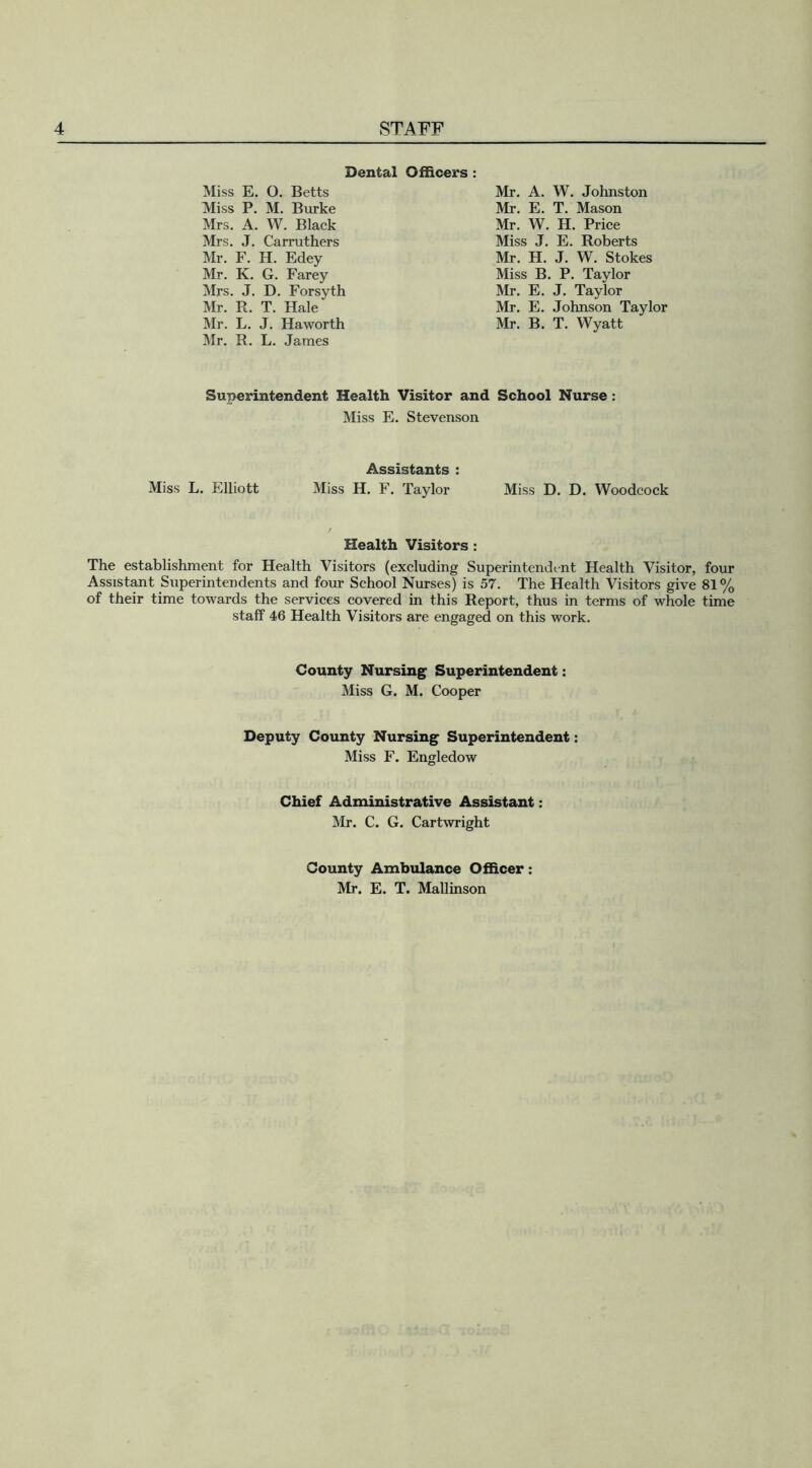 Dental Officers : Miss E. 0. Betts Miss P. M. Burke Mrs. A. W. Black Mrs. J. Carruthers Mr. F. H. Edey Mr. K. G. Farey Mrs. J. D. Forsyth Mr. R. T. Hale Mr. L. J. Haworth Mr. R. L. James Mr. A. W. Johnston Mr. E. T. Mason Mr. W. H. Price Miss J. E. Roberts Mr. H. J. W. Stokes Miss B. P. Taylor Mr. E. J. Taylor Mr. E. Johnson Taylor Mr. B. T. Wyatt Superintendent Health Visitor and School Nurse : Miss E. Stevenson Assistants : Miss L. Elliott Miss H. F. Taylor Miss D. D. Woodcock Health Visitors : The establishment for Health Visitors (excluding Superintendent Health Visitor, four Assistant Superintendents and four School Nurses) is 57. The Health Visitors give 81% of their time towards the services covered in this Report, thus in terms of whole time staff 46 Health Visitors are engaged on this work. County Nursing Superintendent: Miss G. M. Cooper Deputy County Nursing Superintendent: Miss F. Engledow Chief Administrative Assistant: Mr. C. G. Cartwright County Ambulance Officer: Mr. E. T. Mallinson