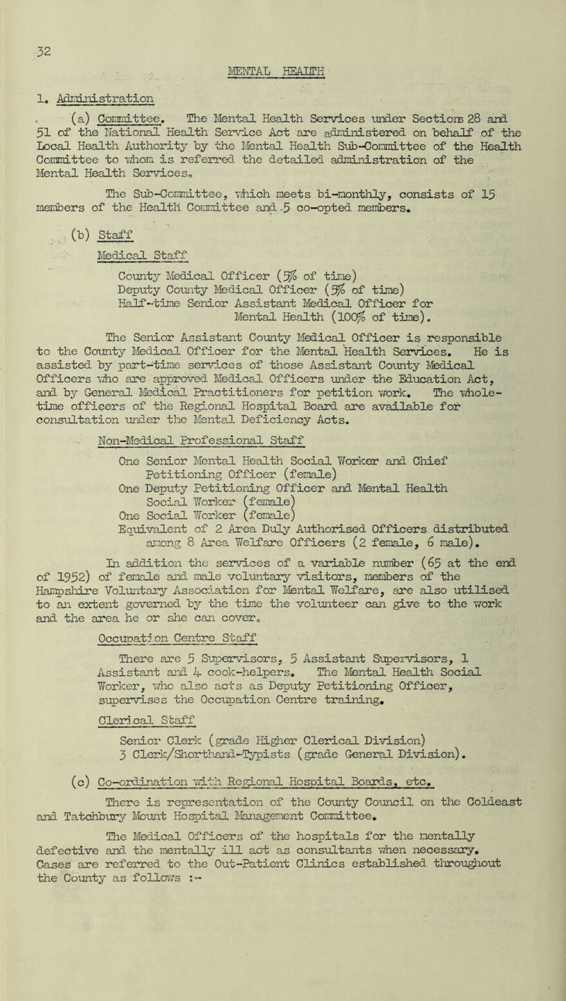 MENTAL HEALTH 1. Administration - (a) Committee. The Mental Health Services under Sections 28 and 51 of the National Health Service Act are administered on behalf of the Local Health Authority by the Mental Health Sub-Committee of the Health Committee to whom is referred the detailed administration of the Mental Health Services* The Sub-Commit tee, which meets bi-monthly, consists of 15 members of the Health Committee and .5 co-opted members. .(b) Staff Medical Staff County Medical Officer (5$ of tine) Deputy County Medical Officer (5j$ of time) Half-time Senior Assistant Medical Officer for Mental Health (100$ of time). The Senior Assistant County Medical Officer is responsible to the County Medical Officer for the Mental Health Services. He is assisted by part-time services of those Assistant County Medical Officers ■who are approved Medical Officers under the Education Act, and by General Medical Practitioners for petition work. The whole- time officers of the Regional Hospital Board are available for consultation under the Mental Deficiency Acts. Non-Medical Professional Staff One Senior Mental Health Social Y/orker and Chief Petitioning Officer (female) One Deputy Petitioning Officer and Mental Health Social Worker (female) One Social Worker (female) Equivalent of 2 Area Duly Authorised Officers distributed among 8 Area Welfare Officers (2 female, 6 male). In addition the services of a variable number (65 at the end of 1952) of female and male voluntary visitors, members of the Hampshire Voluntary Association for Mental Welfare, are also utilised to an extent governed by the time the volunteer can give to the work and the area he or she can cover. Occupation Centre Staff There are 5 Supervisors, 5 Assistant Supervisors, 1 Assistant and A cook-helpers. The Mental Health Social Worker, who also acts as Deputy Petitioning Officer, supervises the Occupation Centre training. Clerical Staff Senior Clerk (grade Higher Clerical Division) 3 Clerk/Shorthand--Typists (grade General Division). (c) Co-ordination with Regional Hospital Boards, etc. There is representation of the County Council on the Coldeast and Tatchbury Mount Hospital Management Committee. The Medical Officers of the hospitals for the mentally defective and the mentally ill act as consultants when necessary. Cases are referred to the Out-Patient Clinics established throughout the County as follows