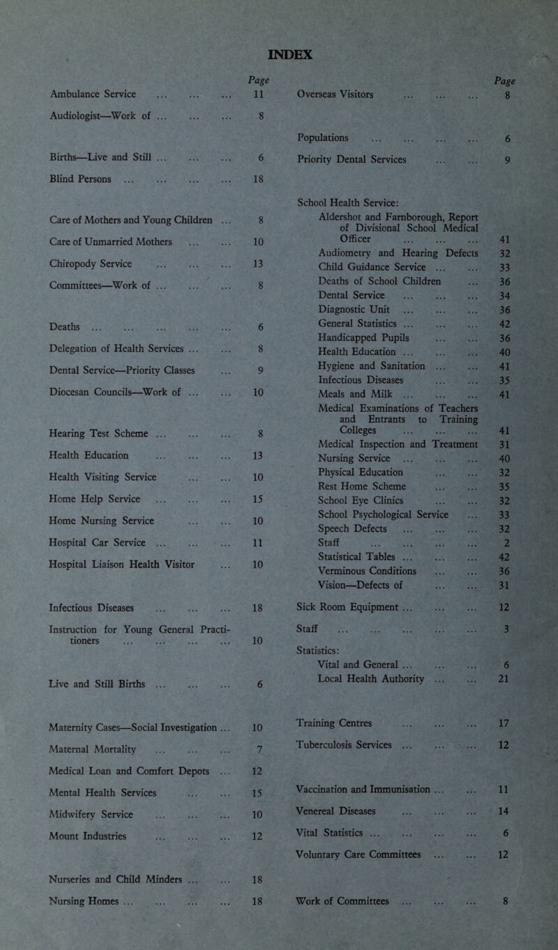 INDEX j*'k2W Page Ambulance Service 11 Audiologist—Work of 8 Births—Live and Still 6 Blind Persons 18 Care of Mothers and Young Children ... 8 Care of Unmarried Mothers ... ... 10 Chiropody Service 13 Committees—Work of ... ... ... 8 Deaths 6 Delegation of Health Services ... ... 8 Dental Service—Priority Classes ... 9 Diocesan Councils—Work of 10 Hearing Test Scheme 8 Health Education 13 Health Visiting Service 10 Home Help Service 15 Home Nursing Service ... ... 10 Hospital Car Service ... ... ... 11 Hospital Liaison Health Visitor ... 10 Infectious Diseases 18 Instruction for Young General Practi- tioners 10 Live and Still Births 6 Maternity Cases—Social Investigation ... 10 Maternal Mortality Medical Loan and Comfort Depots ... 12 Mental Health Services 15 Midwifery Service ... ... ... 10 Mount Industries ... ... ... 12 Nurseries and Child Minders 18 Nursing Homes ... ... ... ... 18 Page Overseas Visitors 8 Populations 6 Priority Dental Services ... ... 9 School Health Service: Aldershot and Farnborough, Report of Divisional School Medical Officer 41 Audiometry and Hearing Defects 32 Child Guidance Service ... ... 33 Deaths of School Children ... 36 Dental Service 34 Diagnostic Unit 36 General Statistics 42 Handicapped Pupils 36 Health Education 40 Hygiene and Sanitation 41 Infectious Diseases 35 Meals and Milk ... ... ... 41 Medical Examinations of Teachers and Entrants to Training Colleges 41 Medical Inspection and Treatment 31 Nursing Service 40 Physical Education 32 Rest Home Scheme 35 School Eye Clinics ... ... 32 School Psychological Service ... 33 Speech Defects 32 Staff 2 Statistical Tables 42 Verminous Conditions 36 Vision—Defects of 31 Sick Room Equipment 12 Staff 3 Statistics: Vital and General 6 Local Health Authority 21 Training Centres ... ... ... 17 Tuberculosis Services 12 Vaccination and Immunisation 11 Venereal Diseases 14 Vital Statistics 6 Voluntary Care Committees 12 Work of Committees 8