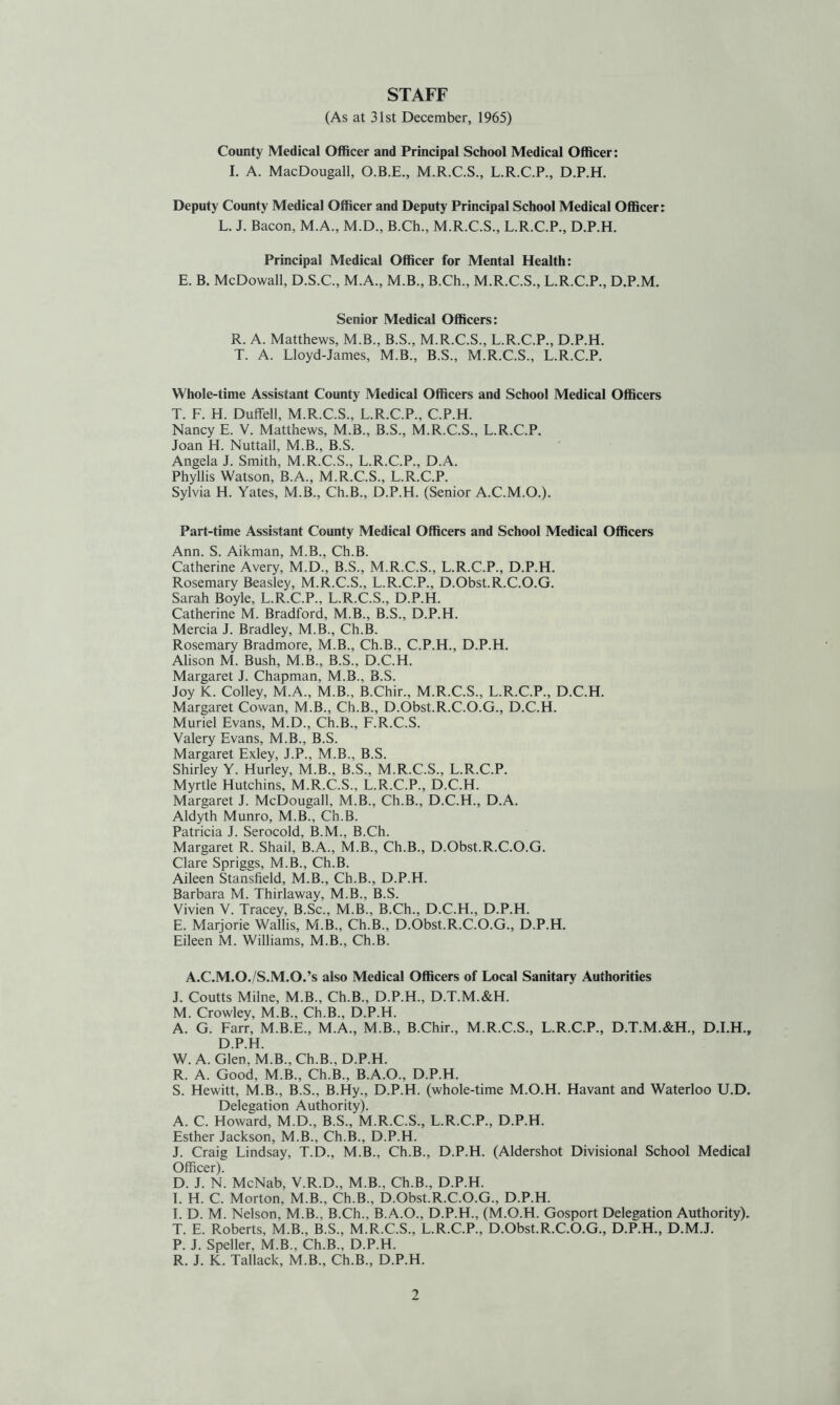 STAFF (As at 31st December, 1965) County Medical Officer and Principal School Medical Officer: I. A. MacDougall, O.B.E., M.R.C.S., L.R.C.P., D.P.H. Deputy County Medical Officer and Deputy Principal School Medical Officer: L. J. Bacon, M.A., M.D., B.Ch., M.R.C.S., L.R.C.P., D.P.H. Principal Medical Officer for Mental Health: E. B. McDowall, D.S.C., M.A., M.B., B.Ch., M.R.C.S., L.R.C.P., D.P.M. Senior Medical Officers: R. A. Matthews, M.B., B.S., M.R.C.S., L.R.C.P., D.P.H. T. A. Lloyd-James, M.B., B.S., M.R.C.S., L.R.C.P. Whole-time Assistant County Medical Officers and School Medical Officers T. F. H. Duffell, M.R.C.S., L.R.C.P., C.P.H. Nancy E. V. Matthews, M.B., B.S., M.R.C.S., L.R.C.P. Joan H. Nuttall, M.B., B.S. Angela J. Smith, M.R.C.S., L.R.C.P., D.A. Phyllis Watson, B.A., M.R.C.S., L.R.C.P. Sylvia H. Yates, M.B., Ch.B., D.P.H. (Senior A.C.M.O.). Part-time Assistant County Medical Officers and School Medical Officers Ann. S. Aikman, M.B., Ch.B. Catherine Avery, M.D., B.S., M.R.C.S., L.R.C.P., D.P.H. Rosemary Beasley, M.R.C.S., L.R.C.P., D.Obst.R.C.O.G. Sarah Boyle, L.R.C.P., L.R.C.S., D.P.H. Catherine M. Bradford, M.B., B.S., D.P.H. Mercia J. Bradley, M.B., Ch.B. Rosemary Bradmore, M.B., Ch.B., C.P.H., D.P.H. Alison M. Bush, M.B., B.S., D.C.H. Margaret J. Chapman, M.B., B.S. Joy K. Colley, M.A., M.B., B.Chir., M.R.C.S., L.R.C.P., D.C.H. Margaret Cowan, M.B., Ch.B., D.Obst.R.C.O.G., D.C.H. Muriel Evans, M.D., Ch.B., L.R.C.S. Valery Evans, M.B., B.S. Margaret Exley, J.P., M.B., B.S. Shirley Y. Hurley, M.B., B.S., M.R.C.S., L.R.C.P. Myrtle Hutchins, M.R.C.S., L.R.C.P., D.C.H. Margaret J. McDougall, M.B., Ch.B., D.C.H., D.A. Aldyth Munro, M.B., Ch.B. Patricia J. Serocold, B.M., B.Ch. Margaret R. Shail, B.A., M.B., Ch.B., D.Obst.R.C.O.G. Clare Spriggs, M.B., Ch.B. Aileen Stansfieid, M.B., Ch.B., D.P.H. Barbara M. Thirlaway, M.B., B.S. Vivien V. Tracey, B.Sc., M.B., B.Ch., D.C.H., D.P.H. E. Marjorie Wallis, M.B., Ch.B., D.Obst.R.C.O.G., D.P.H. Eileen M. Williams, M.B., Ch.B. A.C.M.O./S.M.O.’s also Medical Officers of Local Sanitary Authorities J. Coutts Milne, M.B., Ch.B., D.P.H., D.T.M.&H. M. Crowley, M.B., Ch.B., D.P.H. A. G. Farr, M.B.E., M.A., M.B., B.Chir., M.R.C.S., L.R.C.P., D.T.M.&H., D.I.H., D.P.H. W. A. Glen, M.B., Ch.B., D.P.H. R. A. Good, M.B., Ch.B., B.A.O., D.P.H. S. Hewitt, M.B., B.S., B.Hy., D.P.H. (whole-time M.O.H. Havant and Waterloo U.D. Delegation Authority). A. C. Howard, M.D., B.S., M.R.C.S., L.R.C.P., D.P.H. Esther Jackson, M.B., Ch.B., D.P.H. J. Craig Lindsay, T.D., M.B., Ch.B., D.P.H. (Aldershot Divisional School Medical Officer). D. J. N. McNab, V.R.D., M.B., Ch.B., D.P.H. 1. H. C. Morton, M.B., Ch.B., D.Obst.R.C.O.G., D.P.H. I. D. M. Nelson, M.B., B.Ch., B.A.O., D.P.H., (M.O.H. Gosport Delegation Authority). T. E. Roberts, M.B., B.S., M.R.C.S., L.R.C.P., D.Obst.R.C.O.G., D.P.H., D.M.J. P. J. Speller, M.B., Ch.B., D.P.H. R. J. K. Tallack, M.B., Ch.B., D.P.H.