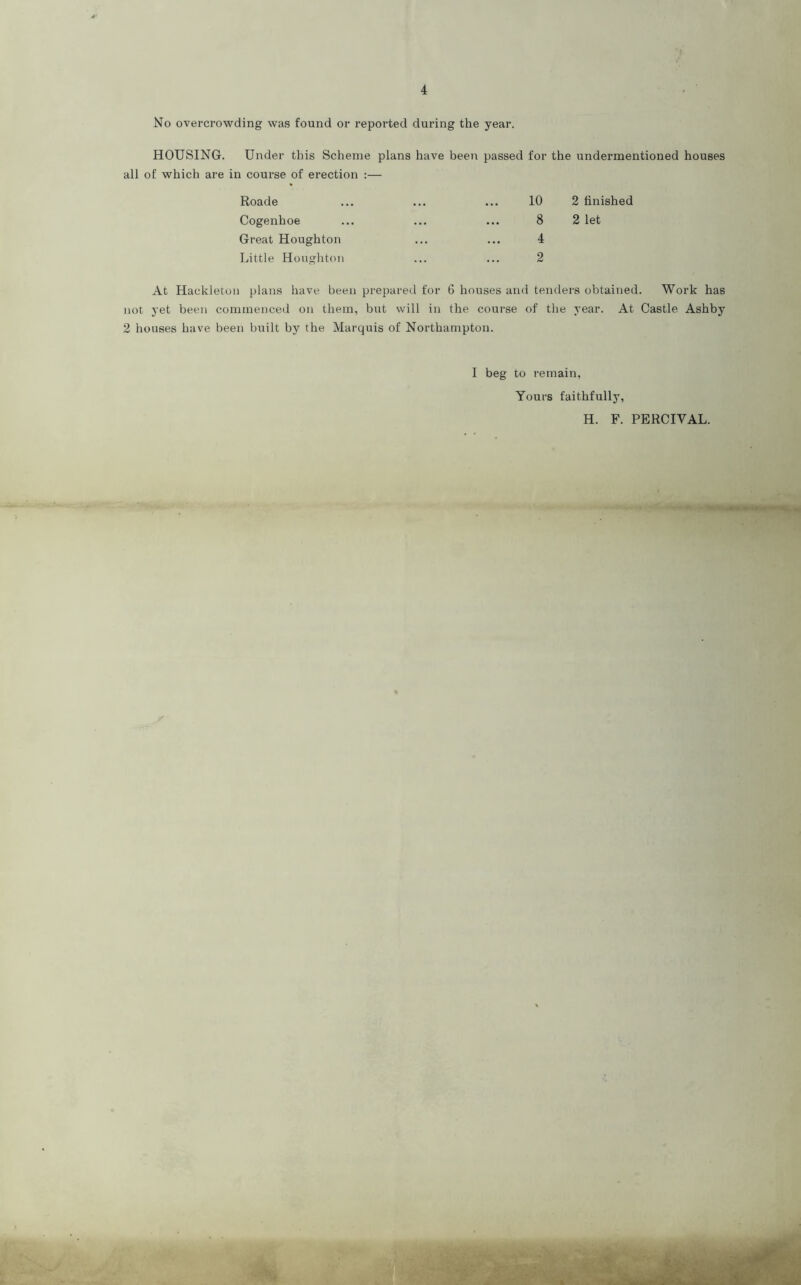 No overcrowding was found or reported during the year. HOUSING. Under this Scheme plans have been passed for the undermentioned houses all of which are in course of erection :— Roade Cogenhoe Great Houghton Little Houghton 10 2 finished 8 2 let 4 2 At Hackleton plans have been prepared for 6 houses and tenders obtained. Work has not yet been commenced on them, but will in the course of the year. At Castle Ashby 2 houses have been built by the Marquis of Northampton. I beg to remain, Yours faithfully, H. F. PERCIVAL.