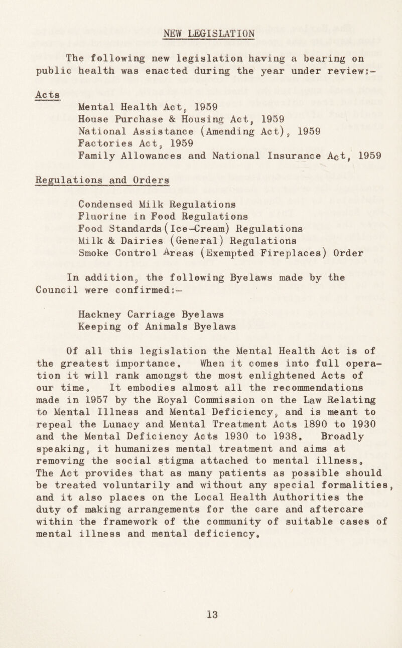 NEW LEGISLATION The following new legislation having a bearing on public health was enacted during the year under reviews™ Acts Mental Health Act^ 1959 House Purchase & Housing Act^ 1959 National Assistance (Amending Act)^ 1959 Factories Act^ 1959 Family Allowances and National Insurance Act^ 1959 Regulations and Orders Condensed Milk Regulations Fluorine in Food Regulations Food Standards {Ice-Cream) Regulations Milk & Dairies (General) Regulations Smoke Control Areas (Exempted Fireplaces) Order In additionj, the following Byelaws made by the Council were confirmeds- Hackney Carriage Byelaws Keeping of Animals Byelaws Of all this legislation the Mental Health Act is of the greatest importance^ When it comes into full opera- tion it will rank amongst the most enlightened Acts of our timCo It embodies almost all the recommendations made in 1957 by the Royal Commission on the Law Relating to Mental Illness and Mental Deficiencyp and is meant to repeal the Lunacy and Mental Treatment Acts 1890 to 1930 and the Mental Deficiency Acts 1930 to 1938, Broadly speakingp it humanizes mental treatment and aims at removing the social stigma attached to mental illness. The Act provides that as many patients as possible should be treated voluntarily and without any special formalities, and it also places on the Local Health Authorities the duty of making arrangements for the care and aftercare within the framework of the community of suitable cases of mental illness and mental deficiency.