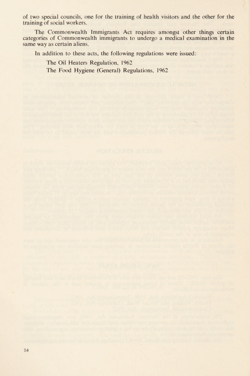 of two special councils, one for the training of health visitors and the other for the training of social workers. The Commonwealth Immigrants Act requires amongst other things certain categories of Commonwealth immigrants to undergo a medical examination in the same way as certain aliens. In addition to these acts, the following regulations were issued: The Oil Heaters Regulation, 1962 The Food Hygiene (General) Regulations, 1962