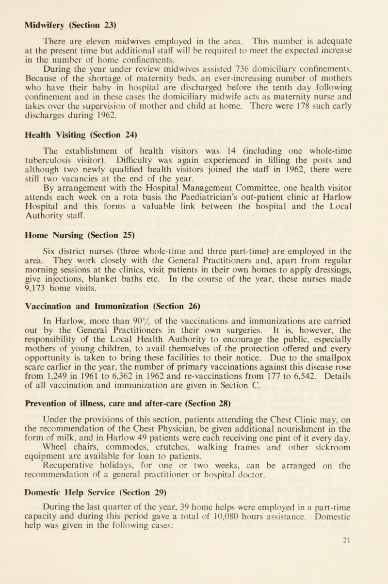 Midwifery (Section 23) There are eleven midwives employed in the area. This number is adequate at the present time but additional staff will be required to meet the expected increase in the number of home confinements. During the year under review midwives assisted 736 domiciliary confinements. Because of the shortage of maternity beds, an ever-increasing number of mothers who have their baby in hospital are discharged before the tenth day following confinement and in these cases the domiciliary midwife acts as maternity nurse and takes over the supervision of mother and child at home. There were 178 such early discharges during 1962. Health Visiting (Section 24) The establishment of health visitors was 14 (including one whole-time tuberculosis visitor). Difficulty was again experienced in filling the posts and although two newly qualified health visitors joined the staff in 1962, there were still two vacancies at the end of the year. By arrangement with the Hospital Management Committee, one health visitor attends each week on a rota basis the Paediatrician’s out-patient clinic at Harlow Hospital and this forms a valuable link between the hospital and the Local Authority staff. Home Nursing (Section 25) Six district nurses (three whole-time and three part-time) are employed in the area. They work closely with the General Practitioners and, apart from regular morning sessions at the clinics, visit patients in their own homes to apply dressings, give injections, blanket baths etc. In the course of the year, these nurses made 9,173 home visits. Vaccination and Immunization (Section 26) In Harlow, more than 90% of the vaccinations and immunizations are carried out by the General Practitioners in their own surgeries. It is, however, the responsibility of the Local Health Authority to encourage the public, especially mothers of young children, to avail themselves of the protection offered and every opportunity is taken to bring these facilities to their notice. Due to the smallpox scare earlier in the year, the number of primary vaccinations against this disease rose from 1,249 in 1961 to 6,362 in 1962 and re-vaccinations from 177 to 6,542. Details of all vaccination and immunization are given in Section C. Prevention of illness, care and after-care (Section 28) Under the provisions of this section, patients attending the Chest Clinic may, on the recommendation of the Chest Physician, be given additional nourishment in the form of milk, and in Harlow 49 patients were each receiving one pint of it every day. Wheel chairs, commodes, crutches, walking frames and other sickroom equipment are available for loan to patients. Recuperative holidays, for one or two weeks, can be arranged on the recommendation of a general practitioner or hospital doctor. Domestic Help Service (Section 29) During the last quarter of the year, 39 home helps were employed in a part-time capacity and during this period gave a total of 10,080 hours assistance. Domestic help was given in the following cases: