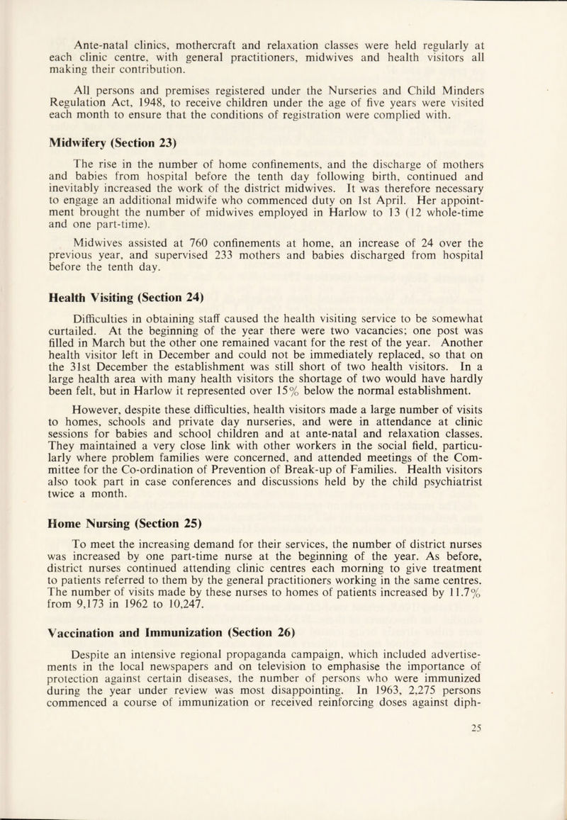 Ante-natal clinics, mothercraft and relaxation classes were held regularly at each clinic centre, with general practitioners, midwives and health visitors all making their contribution. All persons and premises registered under the Nurseries and Child Minders Regulation Act, 1948, to receive children under the age of five years were visited each month to ensure that the conditions of registration were complied with. Midwifery (Section 23) The rise in the number of home confinements, and the discharge of mothers and babies from hospital before the tenth day following birth, continued and inevitably increased the work of the district midwives. It was therefore necessary to engage an additional midwife who commenced duty on 1st April. Her appoint- ment brought the number of mid wives employed in Harlow to 13 (12 whole-time and one part-time). Midwives assisted at 760 confinements at home, an increase of 24 over the previous year, and supervised 233 mothers and babies discharged from hospital before the tenth day. Health Visiting (Section 24) Difficulties in obtaining staff caused the health visiting service to be somewhat curtailed. At the beginning of the year there were two vacancies; one post was filled in March but the other one remained vacant for the rest of the year. Another health visitor left in December and could not be immediately replaced,, so that on the 31st December the establishment was still short of two health visitors. In a large health area with many health visitors the shortage of two would have hardly been felt, but in Harlow it represented over 15% below the normal establishment. However, despite these difficulties, health visitors made a large number of visits to homes, schools and private day nurseries, and were in attendance at clinic sessions for babies and school children and at ante-natal and relaxation classes. They maintained a very close link with other workers in the social field, particu- larly where problem families were concerned, and attended meetings of the Com- mittee for the Co-ordination of Prevention of Break-up of Families. Health visitors also took part in case conferences and discussions held by the child psychiatrist twice a month. Home Nursing (Section 25) To meet the increasing demand for their services, the number of district nurses was increased by one part-time nurse at the beginning of the year. As before, district nurses continued attending clinic centres each morning to give treatment to patients referred to them by the general practitioners working in the same centres. The number of visits made by these nurses to homes of patients increased by 11.7% from 9,173 in 1962 to 10,247. Vaccination and Immunization (Section 26) Despite an intensive regional propaganda campaign, which included advertise- ments in the local newspapers and on television to emphasise the importance of protection against certain diseases, the number of persons who were immunized during the year under review was most disappointing. In 1963, 2,275 persons commenced a course of immunization or received reinforcing doses against diph-