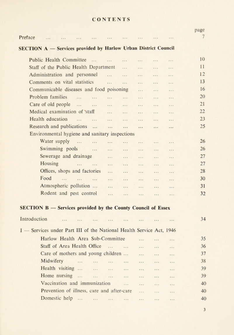 CONTENTS Preface SECTION A — Services provided by Harlow Urban District Council Public Health Committee ... Staff of the Public Health Department Administration and personnel ... ... Comments on vital statistics Communicable diseases and food poisoning Problem families Care of old people ... ... Medical examination of'staff Health education ... ... Research and publications ... Environmental hygiene and sanitary inspections Water supply Swimming pools Sewerage and drainage Housing Offices, shops and factories Food Atmospheric pollution Rodent and pest control page 7 10 11 12 13 16 20 21 22 23 25 26 26 27 27 28 30 31 32 SECTION B — Services provided by the County Council of Essex Introduction I — Services under Part III of the National Health Service Act, 1946 Harlow Health Area Sub-Committee Staff of Area Health Office Care of mothers and young children ... Midwifery Health visiting ... ... ... Home nursing ... Vaccination and immunization Prevention of illness, care and after-care Domestic help ... 34 35 36 37 38 39 39 40 40 40