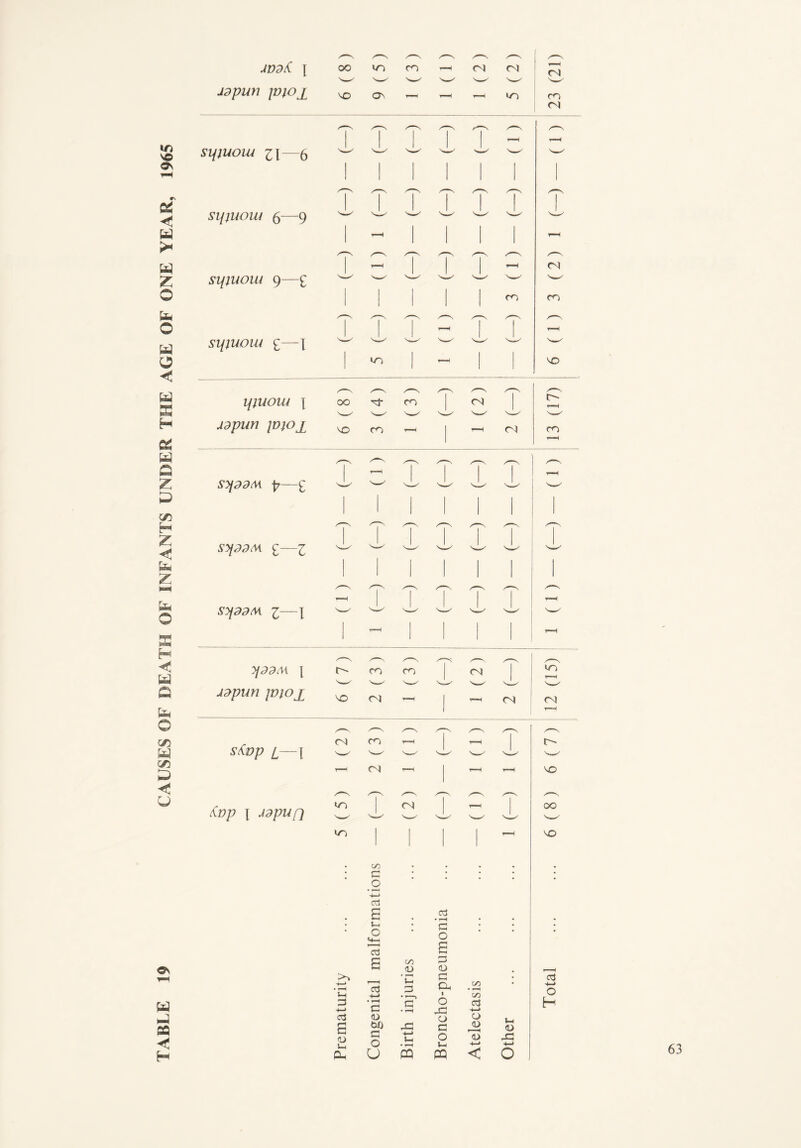 TABLE 19 CAUSES OF DEATH OF INFANTS UNDER THE AGE OF ONE YEAR, 1965 \ Jdpun piojt si/juow Zl—b sifjuow 6—9 sipuom 9—£ sijiuoia £—\ IfJUOW | udpun jvjox Sy33M p—£ Syf33M £—1 Syf33M Z 1 y/33M I u^pun jvjox stop z—i &vp { J3pupi