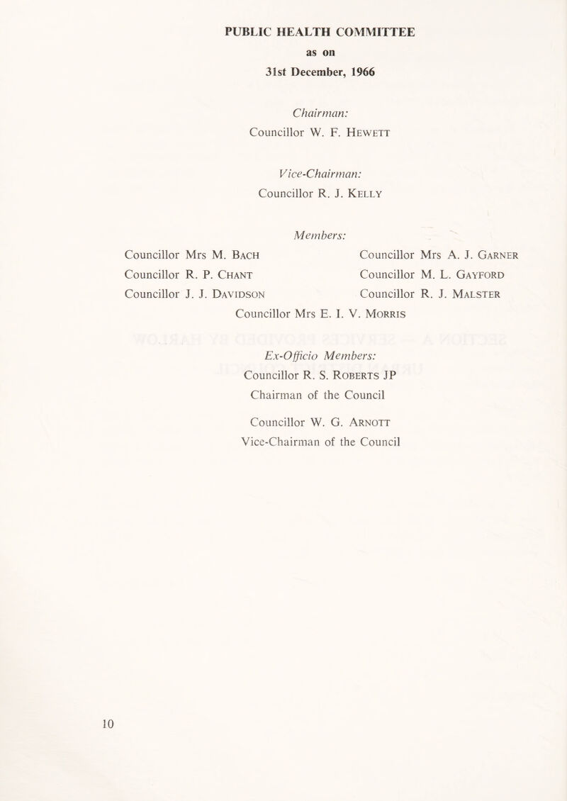 PUBLIC HEALTH COMMITTEE as on 31st December, 1966 Chairman: Councillor W. F. Hewett Vice-Chairman: Councillor R. J. Kelly Members: Councillor Councillor Councillor Mrs M. Bach Councillor Mrs A. J. Garner R. P. Chant Councillor M. L. Gayford J. J. Davidson Councillor R. J. Malster Councillor Mrs E. I. V. Morris Ex-Officio Members: Councillor R. S. Roberts IP Chairman of the Council Councillor W. G. Arnott Vice-Chairman of the Council