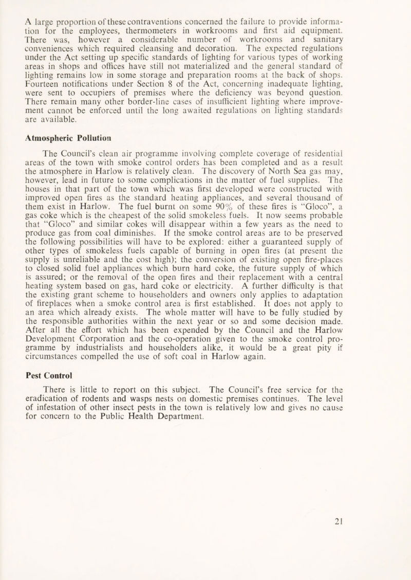 A large proportion of these contraventions concerned the failure to provide informa- tion for the employees, thermometers in workrooms and first aid equipment. There was, however a considerable number of workrooms and sanitary conveniences which required cleansing and decoration. The expected regulations under the Act setting up specific standards of lighting for various types of working areas in shops and offices have still not materialized and the general standard of lighting remains low in some storage and preparation rooms at the back of shops. Fourteen notifications under Section 8 of the Act, concerning inadequate lighting, were sent to occupiers of premises where the deficiency was beyond question. There remain many other border-line cases of insufficient lighting where improve- ment cannot be enforced until the long awaited regulations on lighting standards are available. Atmospheric Pollution The Council’s clean air programme involving complete coverage of residential areas of the town with smoke control orders has been completed and as a result the atmosphere in Harlow is relatively clean. The discovery of North Sea gas may, however, lead in future to some complications in the matter of fuel supplies. The houses in that part of the town which was first developed were constructed with improved open fires as the standard heating appliances, and several thousand of them exist in Harlow. The fuel burnt on some 90% of these fires is uGloco”, a gas coke which is the cheapest of the solid smokeless fuels. If now seems probable that “Gloco” and similar cokes will disappear within a few years as the need to produce gas from coal diminishes. If the smoke control areas are to be preserved the following possibilities will have to be explored; either a guaranteed supply of other types of smokeless fuels capable of burning in open fires (at present the supply is unreliable and the cost high); the conversion of existing open fire-places to closed solid fuel appliances which burn hard coke, the future supply of which is assured; or the removal of the open fires and their replacement with a central heating system based on gas, hard coke or electricity. A further difficulty is that the existing grant scheme to householders and owners only applies to adaptation of fireplaces when a smoke control area is first established. It does not apply to an area which already exists. The whole matter will have to be fully studied by the responsible authorities within the next year or so and some decision made. After all the effort which has been expended by the Council and the Harlow Development Corporation and the co-operation given to the smoke control pro- gramme by industrialists and householders alike, it would be a great pity if circumstances compelled the use of soft coal in Harlow again. Pest Control There is little to report on this subject. The Council’s free service for the eradication of rodents and wasps nests on domestic premises continues. The level of infestation of other insect pests in the town is relatively low and gives no cause for concern to the Public Health Department.