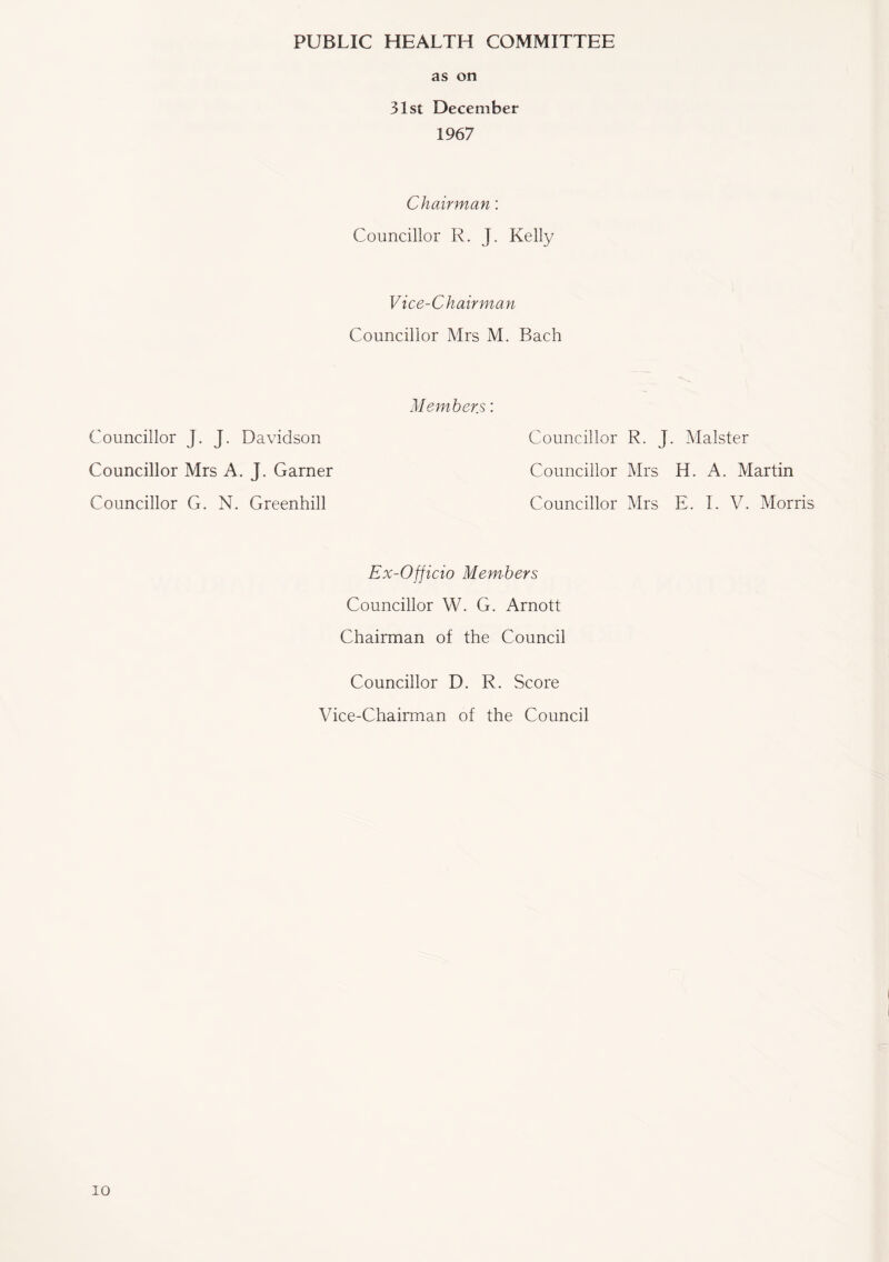 PUBLIC HEALTH COMMITTEE as on 31st December 1967 Chairman: Councillor R. J. Kelly Vice-Chairman Councillor Mrs M. Bach Councillor j- j- Davidson Councillor Mrs A. J. Garner Councillor G. N. Greenhill Members: Councillor R. J. Malster Councillor Mrs H. A. Martin Councillor Mrs E. E V. Morris Ex-Officio Members Councillor W. G. Arnott Chairman of the Council Councillor D. R. Score Vice-Chairman of the Council io