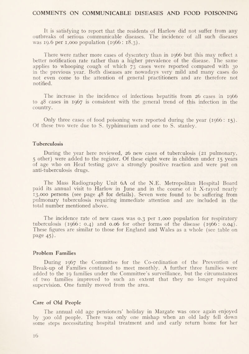 COMMENTS ON COMMUNICABLE DISEASES AND FOOD POISONING It is satisfying to report that the residents of Harlow did not suffer from any outbreaks of serious communicable diseases. The incidence of all such diseases was 19.6 per 1,000 population (1966 : 18.3). There were rather more cases of dysentery than in 1966 but this may reflect a better notification rate rather than a higher prevalence of the disease. The same applies to whooping cough of which 73 cases were reported compared with 30 in the previous year. Both diseases are nowadays very mild and many cases do not even come to the attention of general practitioners and are therefore not notified. Hie increase in the incidence of infectious hepatitis from 26 cases in 1966 to 48 cases in 1967 is consistent with the general trend of this infection in the country. Only three cases of food poisoning were reported during the year (1966: 15). Of these two were due to S. typhimurium and one to S. Stanley. Tuberculosis During the year here reviewed, 26 new cases of tuberculosis (21 pulmonary, 5 other) were added to the register. Of these eight wTere in children under 15 years of age who on Heaf testing gave a strongly positive reaction and were put on anti-tuberculosis drugs. The Mass Radiography Unit 6A of the N.E. Metropolitan Hospital Board paid its annual visit to Harlow in June and in the course of it X-rayed nearly 13,000 persons (see page 48 for details). Seven were found to be suffering from pulmonary tuberculosis requiring immediate attention and are included in the total number mentioned above. The incidence rate of new cases was 0.3 per 1,000 population for respiratory tuberculosis (1966: 0.4) and 0.06 for other forms of the disease (1966: 0.04). These figures are similar to those for England and Wales as a whole (see table on Page 45)- Problem Families During 1967 the Committee for the Co-ordination of the Prevention of Break-up of Families continued to meet monthly. A further three families were added to the 19 families under the Committee’s surveillance, but the circumstances of two families improved to such an extent that they no longer required supervision. One family moved from the area. Care of Old People The annual old age pensioners’ holiday in Margate was once again enjoyed by 300 old people. There was only one mishap when an old lady fell down some steps necessitating hospital treatment and and early return home for her