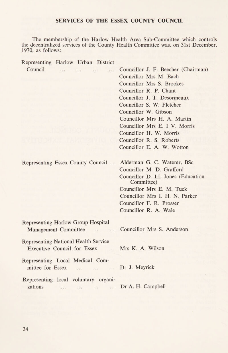 The membership of the Harlow Health Area Sub-Committee which controls the decentralized services of the County 1970, as follows: Representing Harlow Urban District Council Representing Essex County Council ... Representing Harlow Group Hospital Management Committee Representing National Health Service Executive Council for Essex Representing Local Medical Com- mittee for Essex Representing local voluntary organi- zations ... ... ... ... Health Committee was, on 31st December, Councillor J. F. Beecher (Chairman) Councillor Mrs M. Bach Councillor Mrs S. Brookes Councillor R. P. Chant Councillor J. T. Desormeaux Councillor S. W. Fletcher Councillor W. Gibson Councillor Mrs H. A. Martin Councillor Mrs E. I V. Morris Councillor H. W. Morris Councillor R. S. Roberts Councillor E. A. W. Wotton Alderman G. C. Waterer, BSc Councillor M. D. Grafford Councillor D. LI. Jones (Education Committee) Councillor Mrs E. M. Tuck Councillor Mrs I. H. N. Parker Councillor F. R. Prosser Councillor R. A. Wale Councillor Mrs S. Anderson Mrs K. A. Wilson Dr J. Meyrick Dr A. H. Campbell