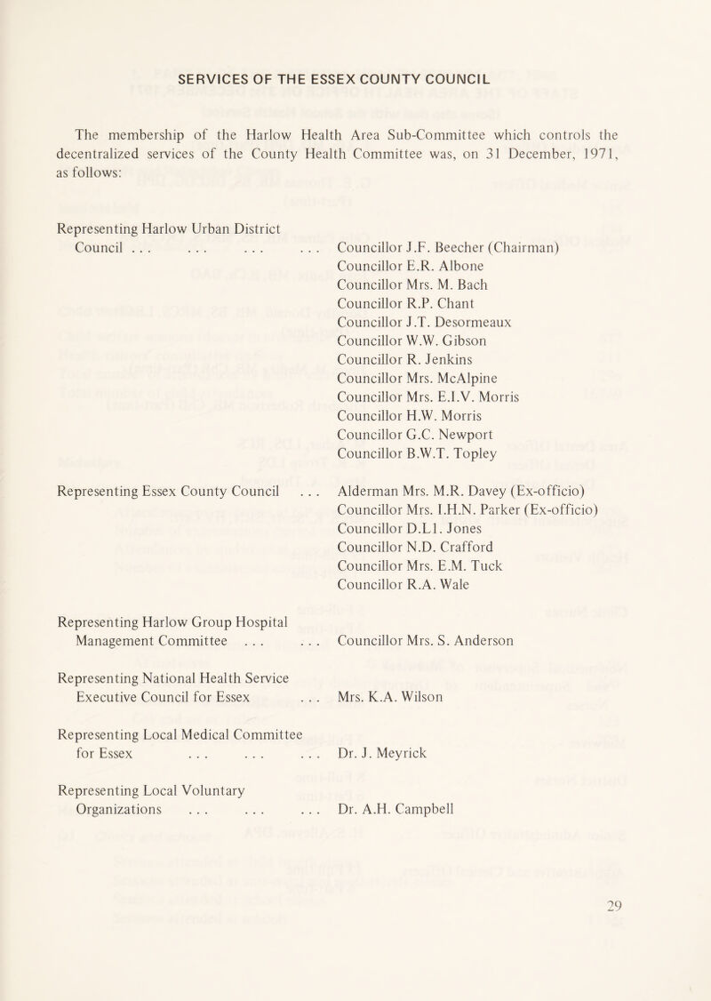 SERVICES OF THE ESSEX COUNTY COUNCIL The membership of the Harlow Health Area Sub-Committee which controls the decentralized services of the County Health Committee was, on 31 December, 1971, as follows: Representing Harlow Urban District Council ... ... ... Councillor J.F. Beecher (Chairman) Councillor E.R. Albone Councillor Mrs. M. Bach Councillor R.P. Chant Councillor J.T. Desormeaux Councillor W.W. Gibson Councillor R. Jenkins Councillor Mrs. McAlpine Councillor Mrs. E.I.V. Morris Councillor H.W. Morris Councillor G.C. Newport Councillor B.W.T. Topley Representing Essex County Council Alderman Mrs. M.R. Davey (Ex-officio) Councillor Mrs. I.H.N. Parker (Ex-officio) Councillor D.L1. Jones Councillor N.D. Crafford Councillor Mrs. E.M. Tuck Councillor R.A. Wale Representing Harlow Group Hospital Management Committee ... Councillor Mrs. S. Anderson Representing National Health Service Executive Council for Essex Mrs. K.A. Wilson Representing Local Medical Committee for Essex ... ... Dr. J. Meyrick Representing Local Voluntary Organizations Dr. A.H. Campbell