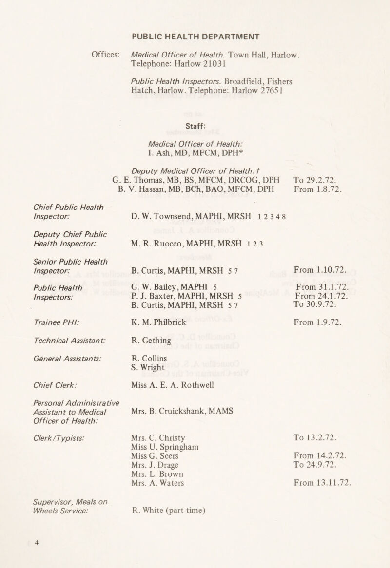 Offices: G. B Chief Public Health Inspector: Deputy Chief Public Health Inspector: Senior Public Health Inspector: Public Health Inspectors: Trainee PHI: Technical Assistant: Genera! Assistants: Chief Clerk: Personal Administrative Assistant to Medical Officer of Health: Clerk/Typists: Supervisor, Meals on Wheels Service: PUBLIC HEALTH DEPARTMENT Medical Officer of Health. Town Hall, Harlow. Telephone: Harlow 21031 Public Health Inspectors. Broadfield, Fishers Hatch, Harlow. Telephone: Harlow 27651 Staff: Medical Officer of Health: I. Ash, MD, MFCM, DPH* Deputy Medical Officer of Health: t E. Thomas, MB, BS, MFCM, DRCOG, DPH To 29.2.72. . V. Hassan, MB, BCh, BAO, MFCM, DPH From 1.8.72. D.W. Townsend, MAPHI,MRSH 1 2 3 4 8 M. R. Ruocco, MAPHI, MRSH 1 2 3 B. Curtis, MAPHI, MRSH 5 7 G.W. Bailey, MAPHI 5 P. J. Baxter, MAPHI, MRSH 5 B. Curtis, MAPHI, MRSH 5 7 K. M. Philbrick R. Ge thing R. Collins S. Wright Miss A. E. A. Roth well Mrs. B. Cruickshank, MAMS From 1.10.72. From 31.1.72. From 24.1.72. To 30.9.72. From 1.9.72. Mrs. C. Christy Miss U. Springham Miss G. Seers Mrs. J. Drage Mrs. L. Brown Mrs. A. Waters To 13.2.72. From 14.2.72. To 24.9.72. From 13.11.72. R. White (part-time)