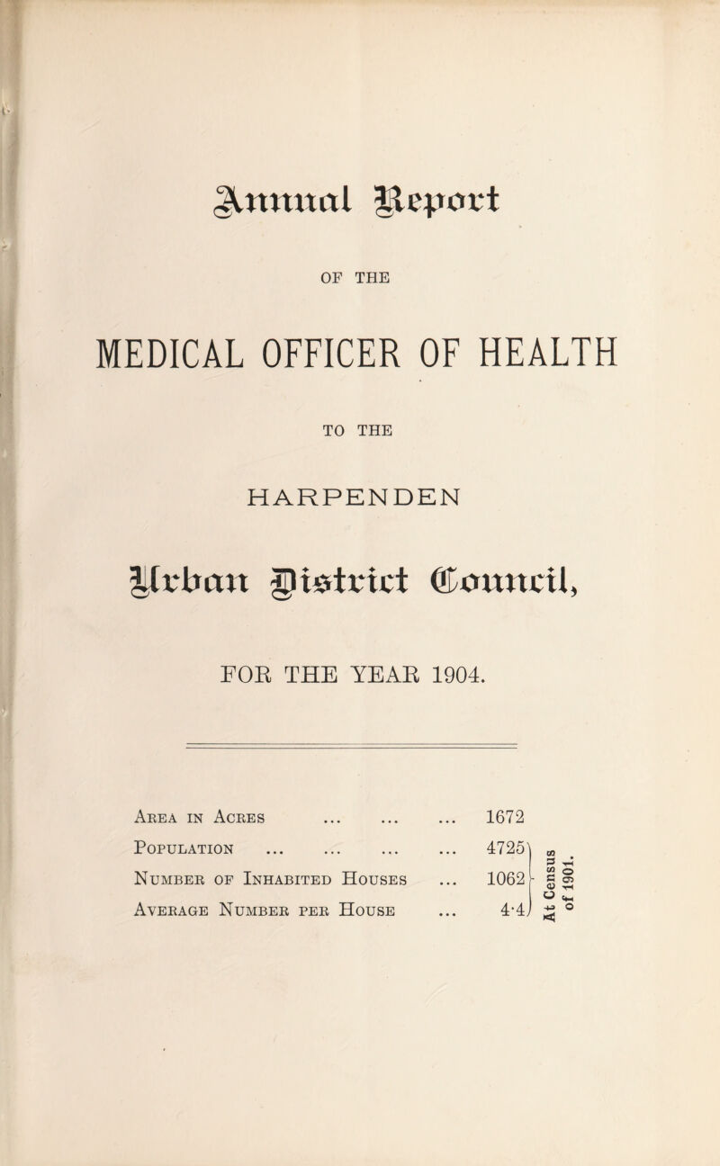 Report OF THE MEDICAL OFFICER OF HEALTH TO THE HARPENDEN district ©xmitcil, FOR THE YEAR 1904. Area in Acres • • • * ... 1672 Population • • • • ... 4725 Number of Inhabited Houses ... 1062 Average Number per House 4-4 At Census of 1901.