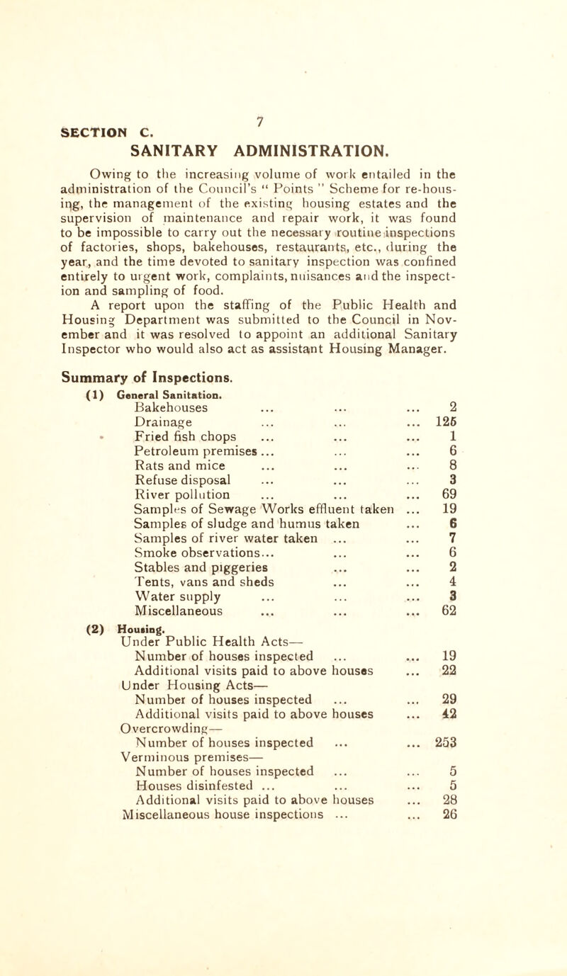 SECTION C. SANITARY ADMINISTRATION. Owing to the increasing volume of work entailed in the administration of the Council’s “ Points ’’ Scheme for re-hous- iqg, the management of the existing housing estates and the supervision of maintenance and repair work, it was found to be impossible to carry out the necessary routine inspections of factories, shops, bakehouses, restaurants, etc., during the year, and the time devoted to sanitary inspection was confined entirely to urgent work, complaints, nuisances and the inspect- ion and sampling of food. A report upon the staffing of the Public Health and Housing Department was submitted to the Council in Nov- ember and it was resolved to appoint an additional Sanitary Inspector who would also act as assistant Housing Manager. Summary of Inspections. (1) General Sanitation. Bakehouses ... ... ... 2 Drainage ... ... ... 126 Fried fish chops ... ... ... 1 Petroleum premises... ... ... 6 Rats and mice ... ... ... 8 Refuse disposal ... ... ... 3 River pollution ... ... ... 69 Samples of Sewage Works effluent taken ... 19 Samples of sludge and humus taken ... 6 Samples of river water taken ... ... 7 Smoke observations... ... ... 6 Stables and piggeries ... ... 2 Tents, vans and sheds ... ... 4 Water supply ... ... ... 3 Miscellaneous ... ... ... 62 (2) Housing. Under Public Health Acts— Number of houses inspected ... ... 19 Additional visits paid to above houses ... 22 Under Housing Acts— Number of houses inspected ... ... 29 Additional visits paid to above houses ... 42 Overcrowding— Number of houses inspected ... ... 253 Verminous premises— Number of houses inspected ... ... 5 Houses disinfested ... ... ... 5 Additional visits paid to above houses ... 28 Miscellaneous house inspections ... ... 26