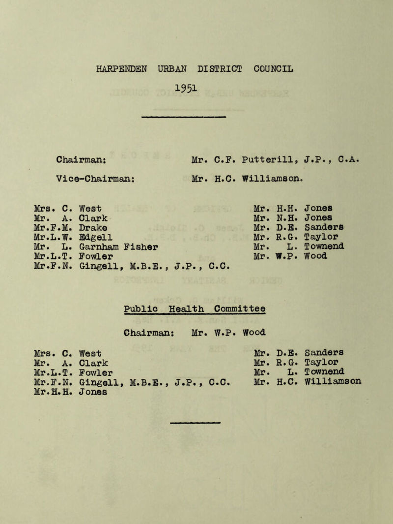 1951 Chairman: Mr. C.F. Putterill, J.P., C.A. Vice-Chairman: Mr. H.C. Williamson. Mrs* C. West Mr. H.H. Jones Mr. A. Clark Mr. N.H. Jones Mr.F.M. Drake Mr. D.E. Sanders Mr.L.W. Edgell Mr. R.G. Taylor Mr. L. Garnham Fisher Mr. L. Townend Mr.L.T. Fowler Mr. W.P. Wood Mr.F.N. Gingell, M.B.E., J.P., C.C. Public Health Committee Chairman: Mr. W.P. Wood Mrs. C. West Mr. D.E. Sanders Mr. A. Clark Mr. R.G. Taylor Mr.L.T. Fowler Mr. L. Townend Mr.F.N. Gingell, M.B.E.j J.P., C.C. Mr. H.C. Williamson Mr.H.H. Jones