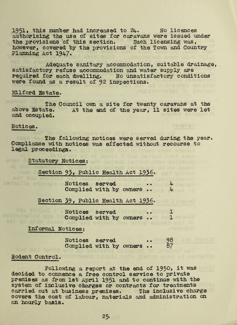 1951 > this number had increased to 24-. No licences authorising the use of sites for caravans were issued under the provisions of this section. Such licensing was, however, covered by the provisions of the Town and Country Planning Act 194-7* Adequate sanitary accommodation, suitable drainage, satisfactory refuse accommodation and water supply are required for each dwelling. No unsatisfactory conditions were found as a result of 92 inspections. Milford Estate. The Council own a site for twenty caravans at the above Estate. At the end of the year, 11 sites were let and occupied. Notices. The following notices were served during the year. Compliance with notices was effected without recourse to legal proceedings. Statutory Notices: Section 95, Public Health Act 1956. Notices served .. 4- Complied with by owners .. 4- Section 59> Public Health Act 1936. Notices served •. 1 Complied with by owners .. 1 Informal Notices: Notices served .. 98 Complied with by owners •. 87 Rodent Control. Following a report at the end of 195°> it was decided to commence a free control service to private premises as from 1st April 1951 and to continue with the system of inclusive charges or contracts for treatments carried out at business premises. The inclusive charge covers the cost of labour, materials and administration on an hourly basis. 25‘