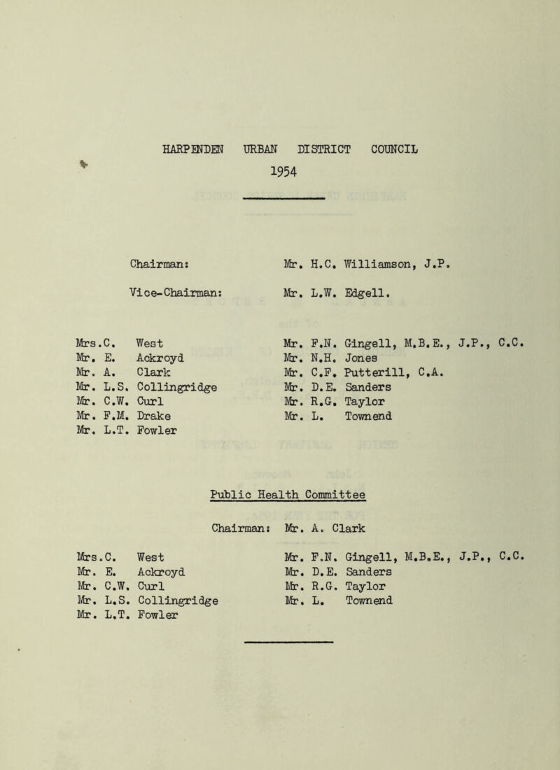 1954 Chairmans Mr Vice-Chairman: Mr Mrs .c. West Mr Mr. E. Ackroyd Mr Mr. A. Clark Mr Mr. L.S, Collingridge Mr Mr. C.W. Curl Mr Mr. Mr. F.M. L.T. Drake Fowler Mr Public Health Chairman s Mr Mrs .C. West Mr Mr. E. Ackroyd Mr Mr. C.W. Curl Mr Mr. L.S. Collingridge Mr Mr. L.T. Fowler H.C. Williamson, J.P. L.W. Edgell. F.N. Gingell, M.B.E., J.P., C.C. N.H. Jones C. F. Putterill, C.A. D. E. Sanders R.G. Taylor L. Town end Committee A. Clark F.N. Gingell, M.B.E., J.P., C.C. D. E. Sanders R.G. Taylor L. Townend