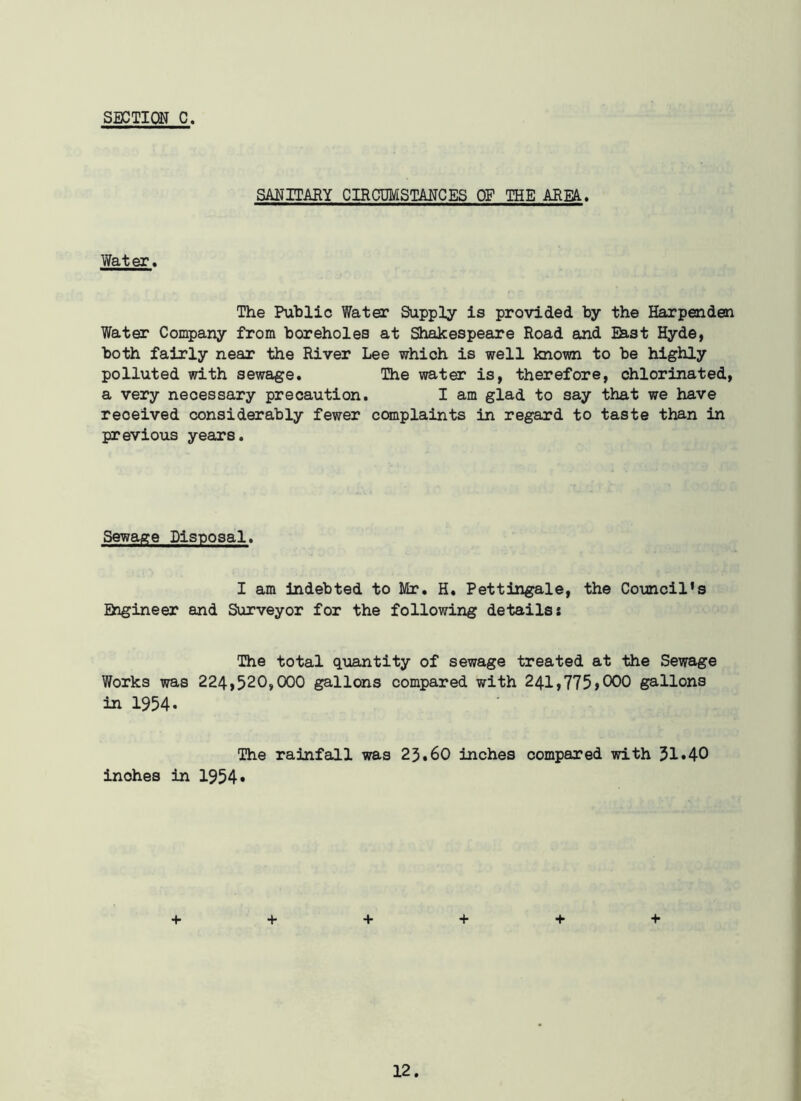 SANITARY CIRCUMSTANCES OF THE AREA. Water, The Public Water Supply is provided by the Harpenden Water Company from boreholes at Shakespeare Road and East Hyde, both fairly near the River Lee which is well known to be highly polluted with sewage. The water is, therefore, chlorinated, a very necessary precaution. I am glad to say that we have reoeived considerably fewer complaints in regard to taste than in previous years. Sewage Disposal. I am indebted to Mr. H. Pettingale, the Council's Engineer and Surveyor for the following details: The total quantity of sewage treated at the Sewage Works was 224,520,000 gallons compared with 241,775)000 gallons in 1954* The rainfall was 23.60 inches compared with 31.40 inohes in 1954* + + + + + +